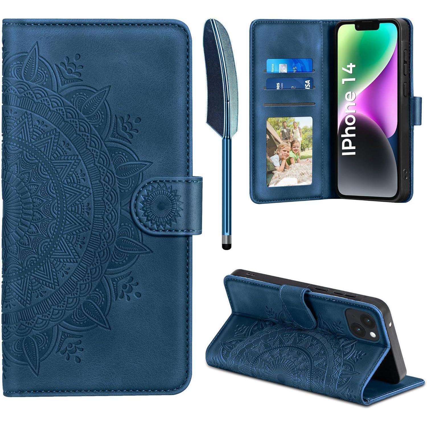 Easdnb Iphone 14 Lederhülle Handyhülle Wallet Case Dunkelblau 6.1 Zoll