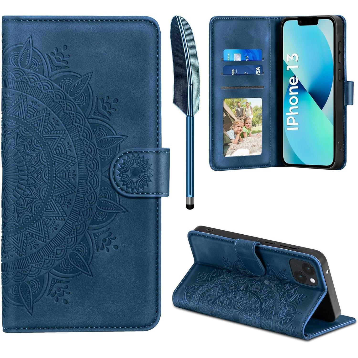 Lederhülle Für Iphone 13 Flip Wallet Pu Schutzhülle 6.1 Zoll Dunkelblau