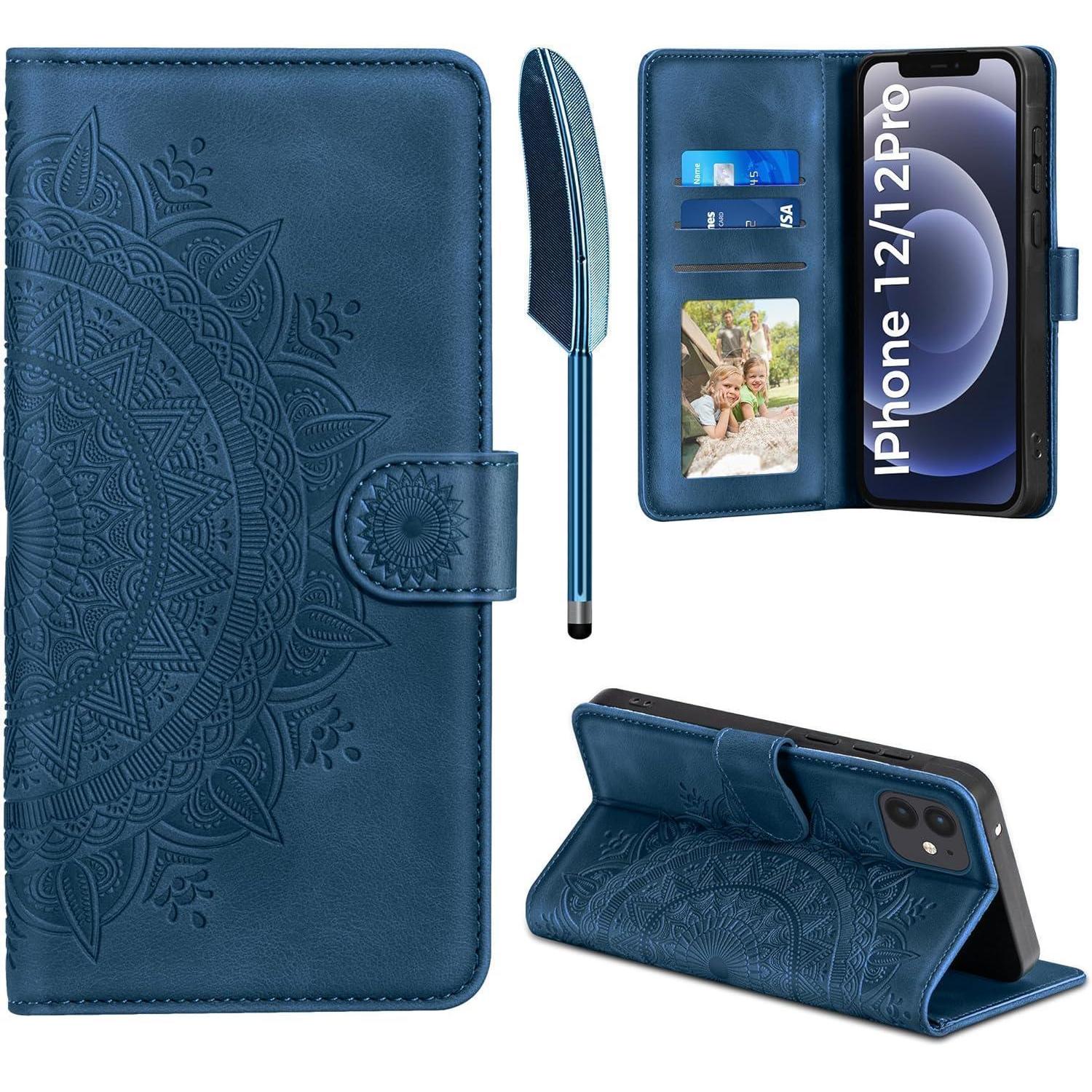 Iphone 12 Pro Handyhülle Flip Pu Leder Wallet Case Schutzhülle Stand Dunkelblau