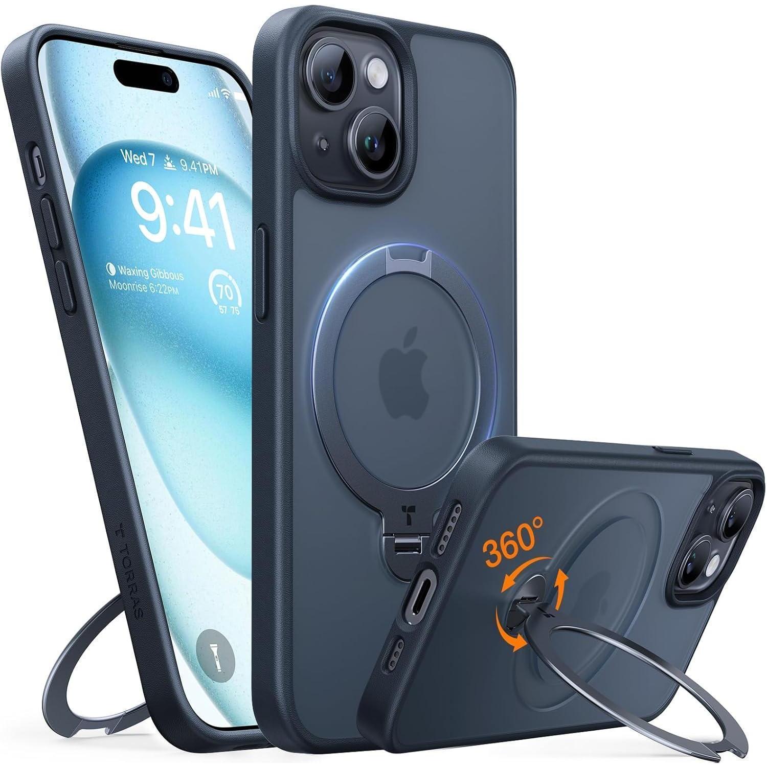 Torras 360° Ostand Spin Case Iphone 15 Hülle Militärschutz Samtweiche Haptik