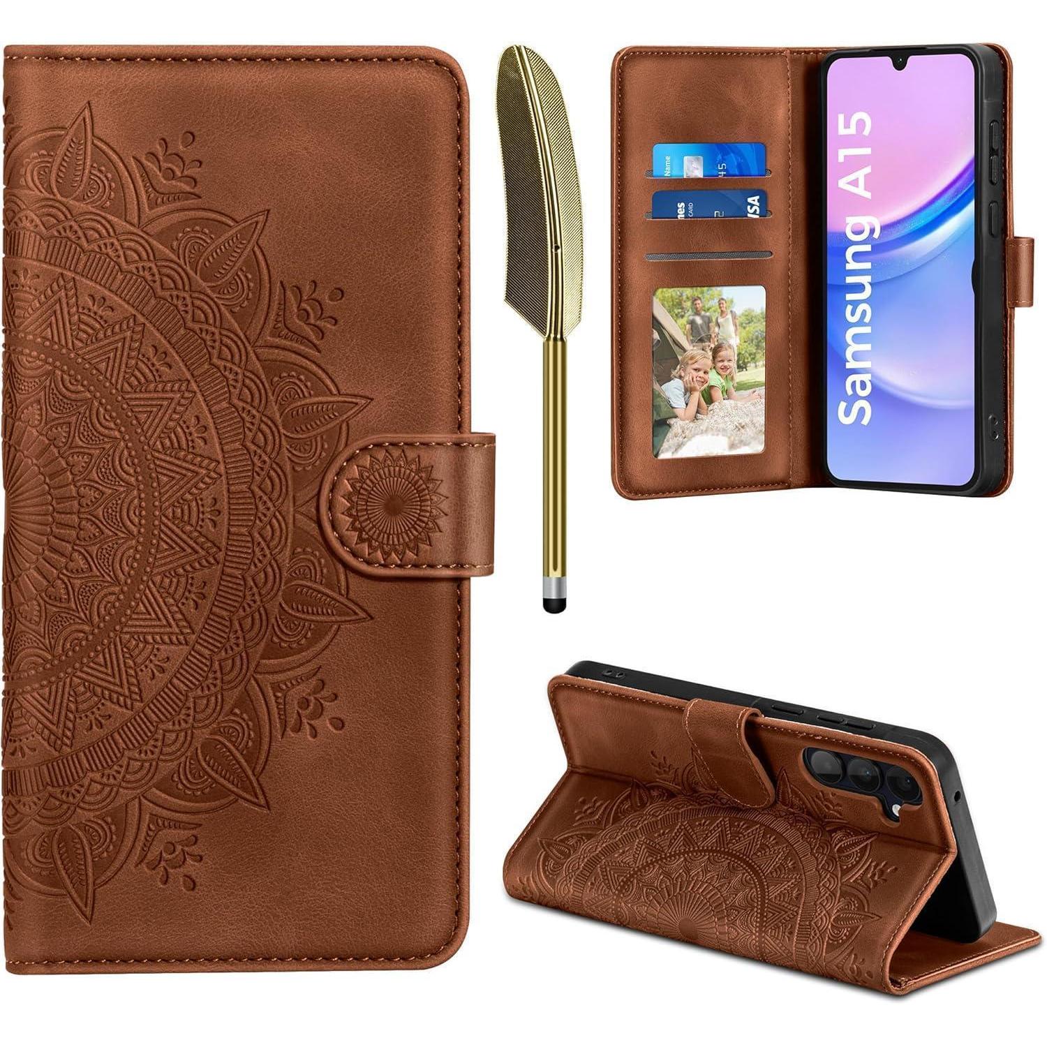 Handyhülle Leder Klapphülle Kartenfach Samsung Galaxy A15 Dunkelorange
