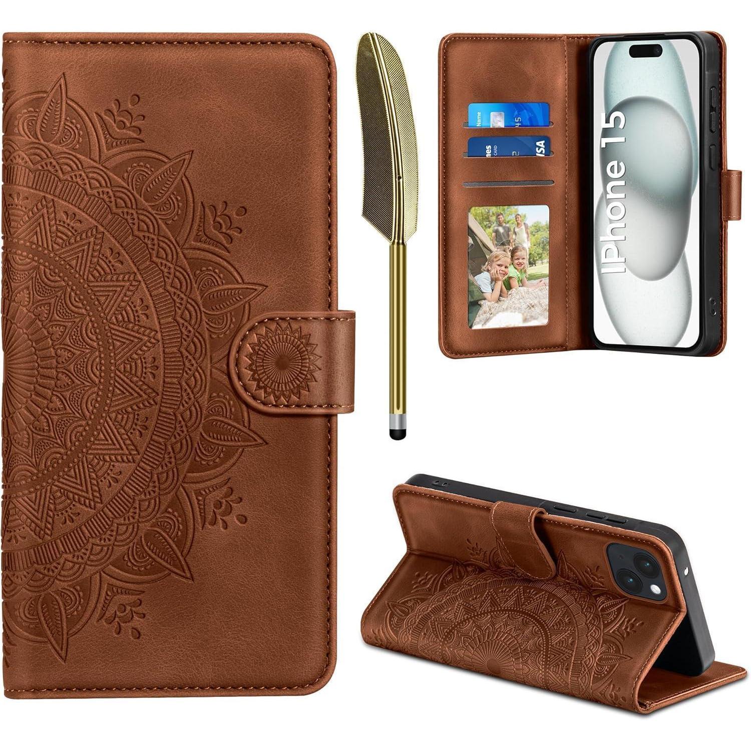 Handyhülle Iphone 15 Leder Klapphülle Iphone 15 Dunkelorange