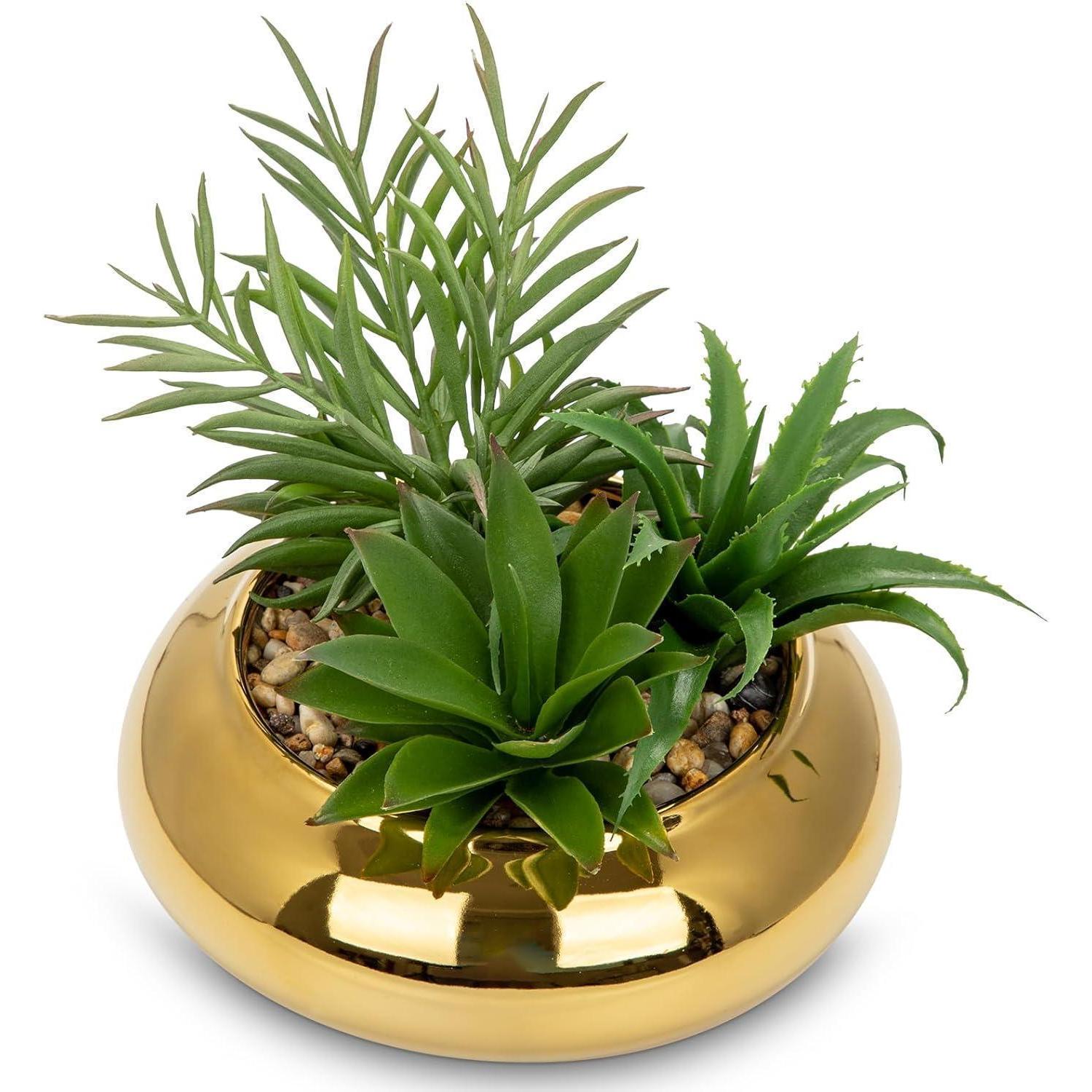 Kunstpflanze Sukkulente Keramiktopf 18cm Fensterbank Gold