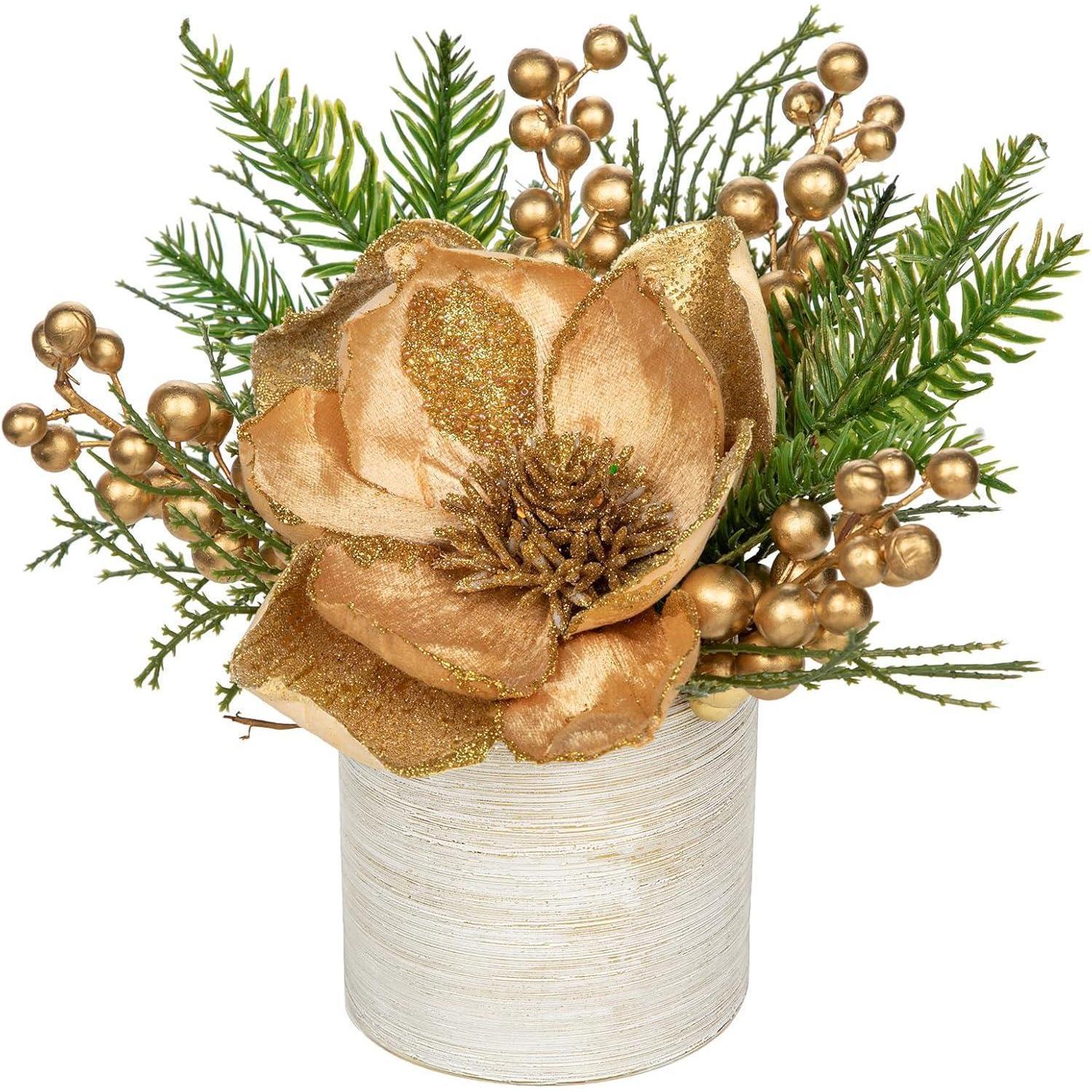 Kunstpflanze Weihnachtsdeko Keramiktopf Tannenzweig Magnolie Gold