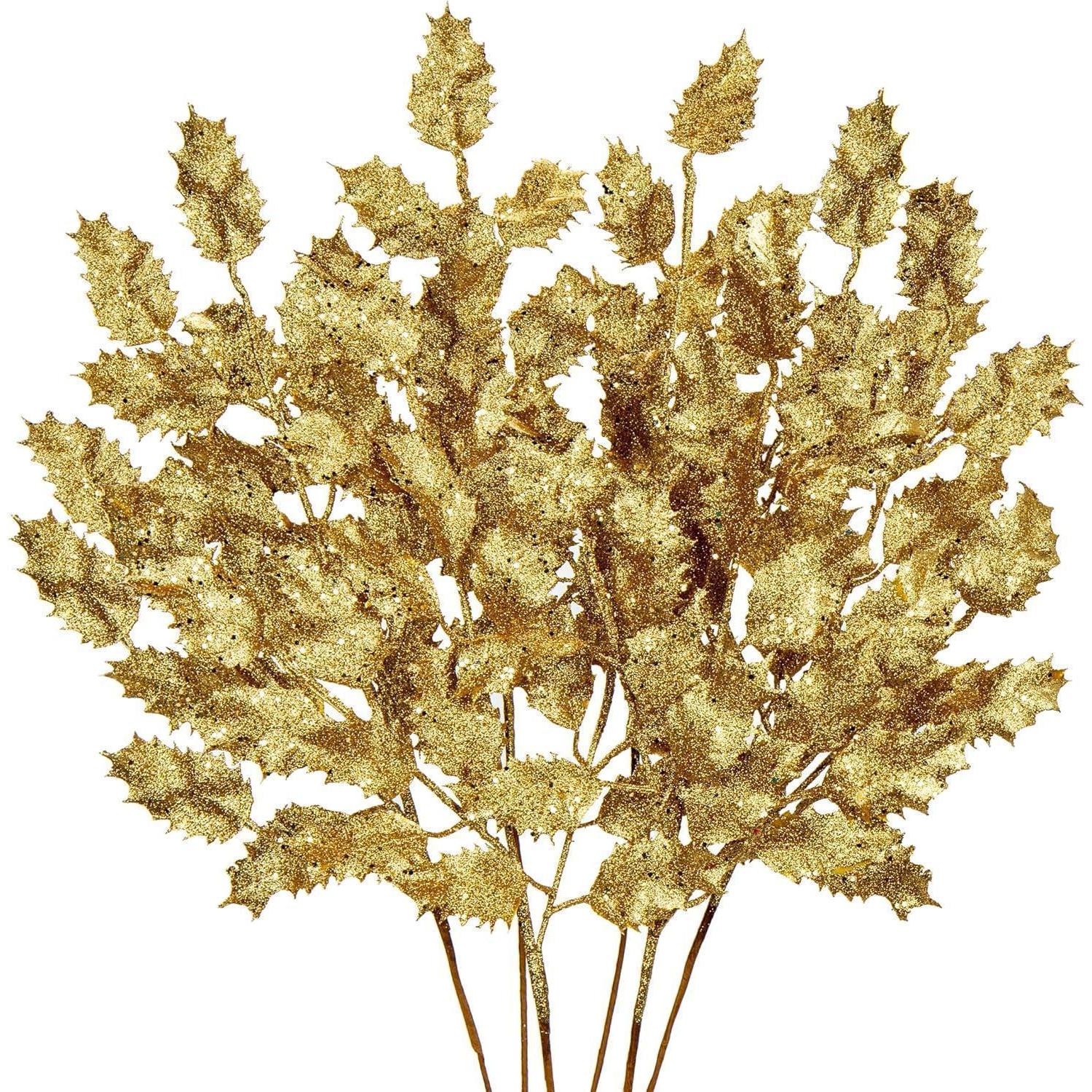6pcs Kunstzweig Weihnachtsdeko Glitzernde Eichenblätter Zweig 58cm Gold