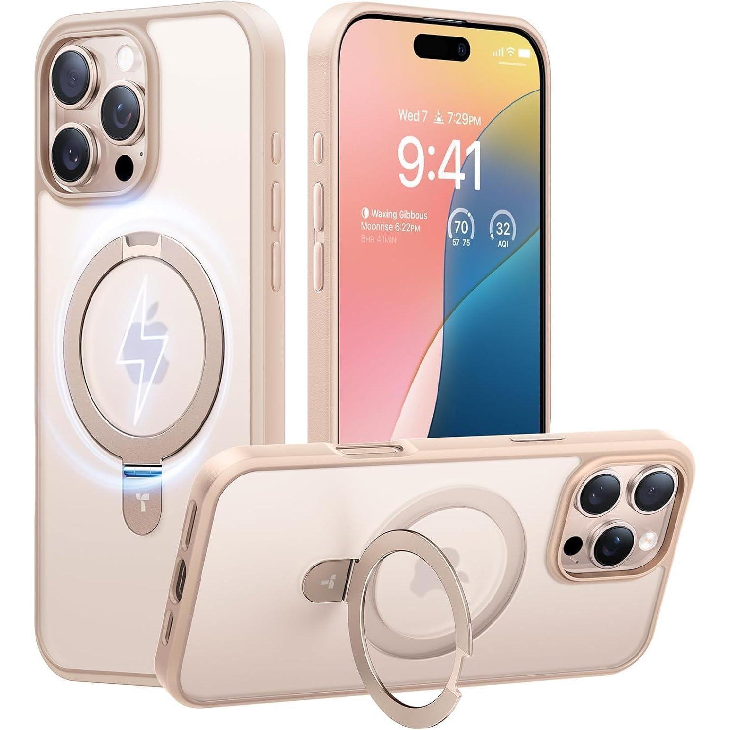 Torras Ostand Iphone 16 Pro Hülle Magsafe Militärischer Schutz Gold Rose