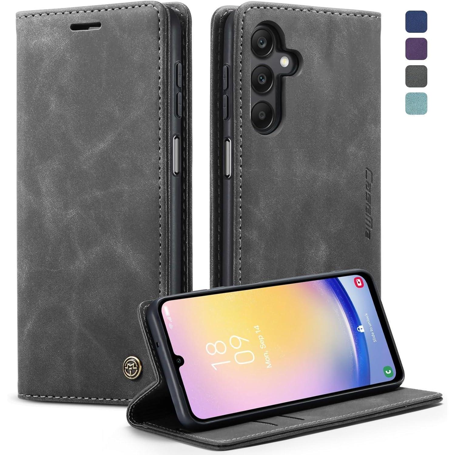 Kzb Samsung Galaxy A25 5g Hülle Leder Klappbar Flip Case Magnet Stand Grau