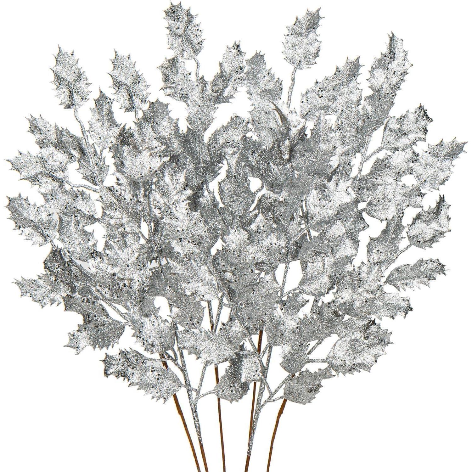 Kunstzweig Weihnachtsdeko Glitzer Eichenblätter 58cm 6pcs Silber