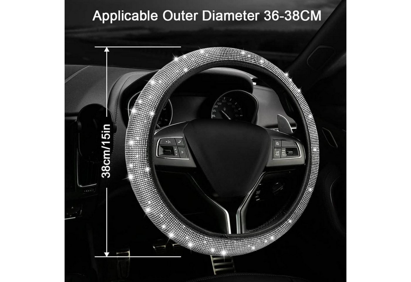 Lenkradbezug Universal Auto Glitzer Rhinestones Deko Frauen Silber Bild 5