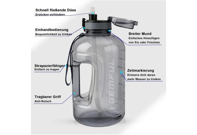 Sport Trinkflasche 3l Zeitmarkierung Strohhalm Bpafrei Grau