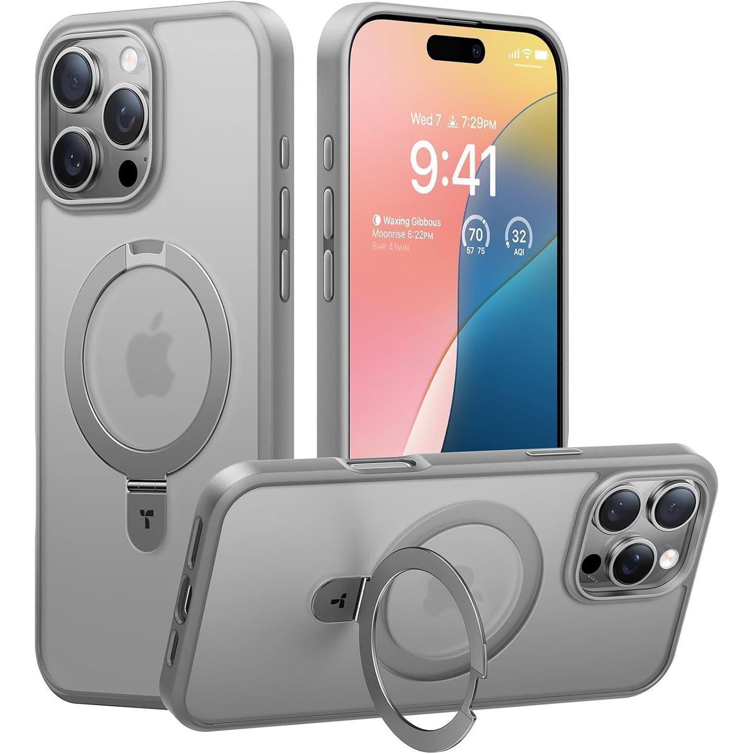 Torras Ostand Iphone 16 Pro Max Hülle Magsafe Militärschutz Grau