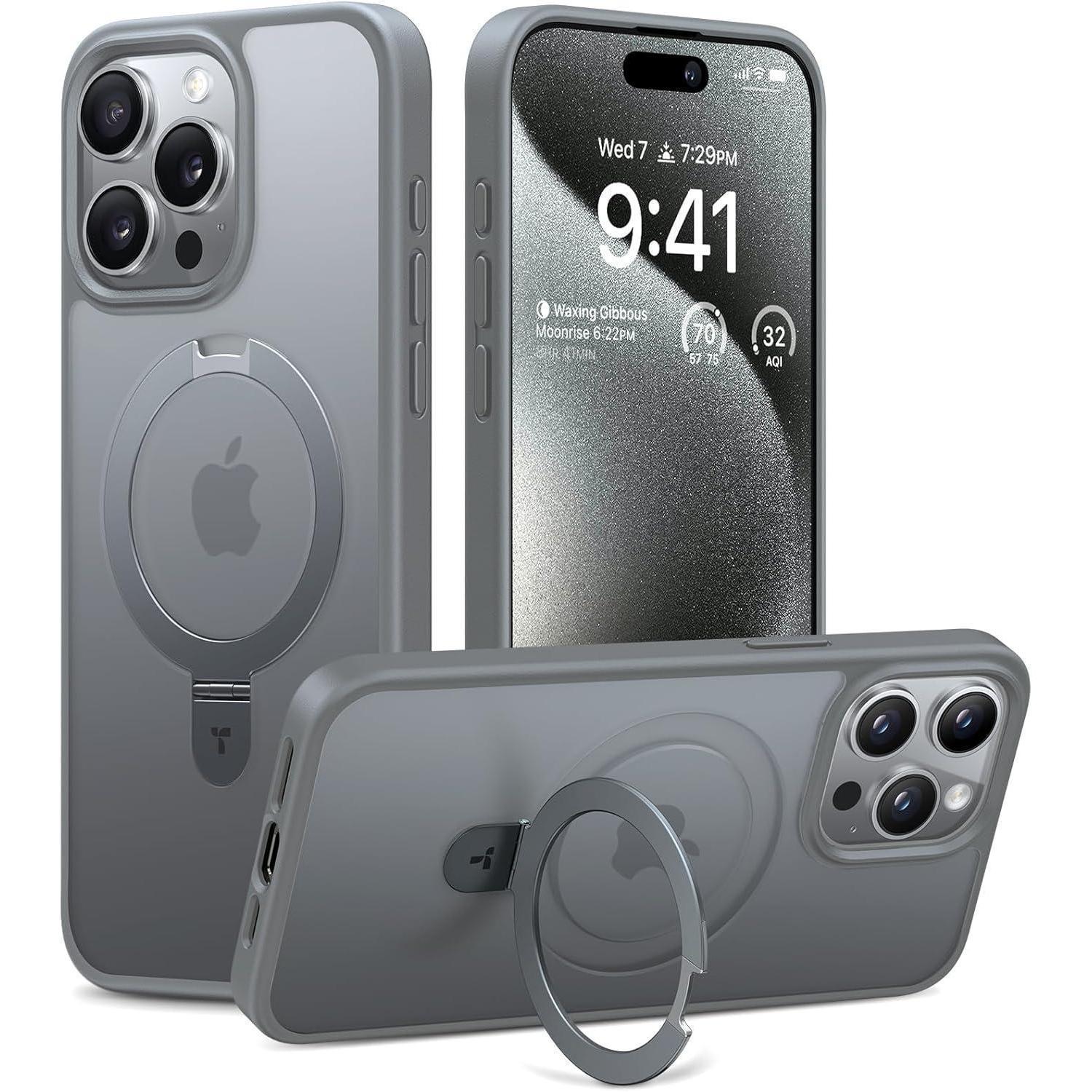 Torras Ostand Iphone 15 Pro Max Hülle Magsafe Militärschutz Grau