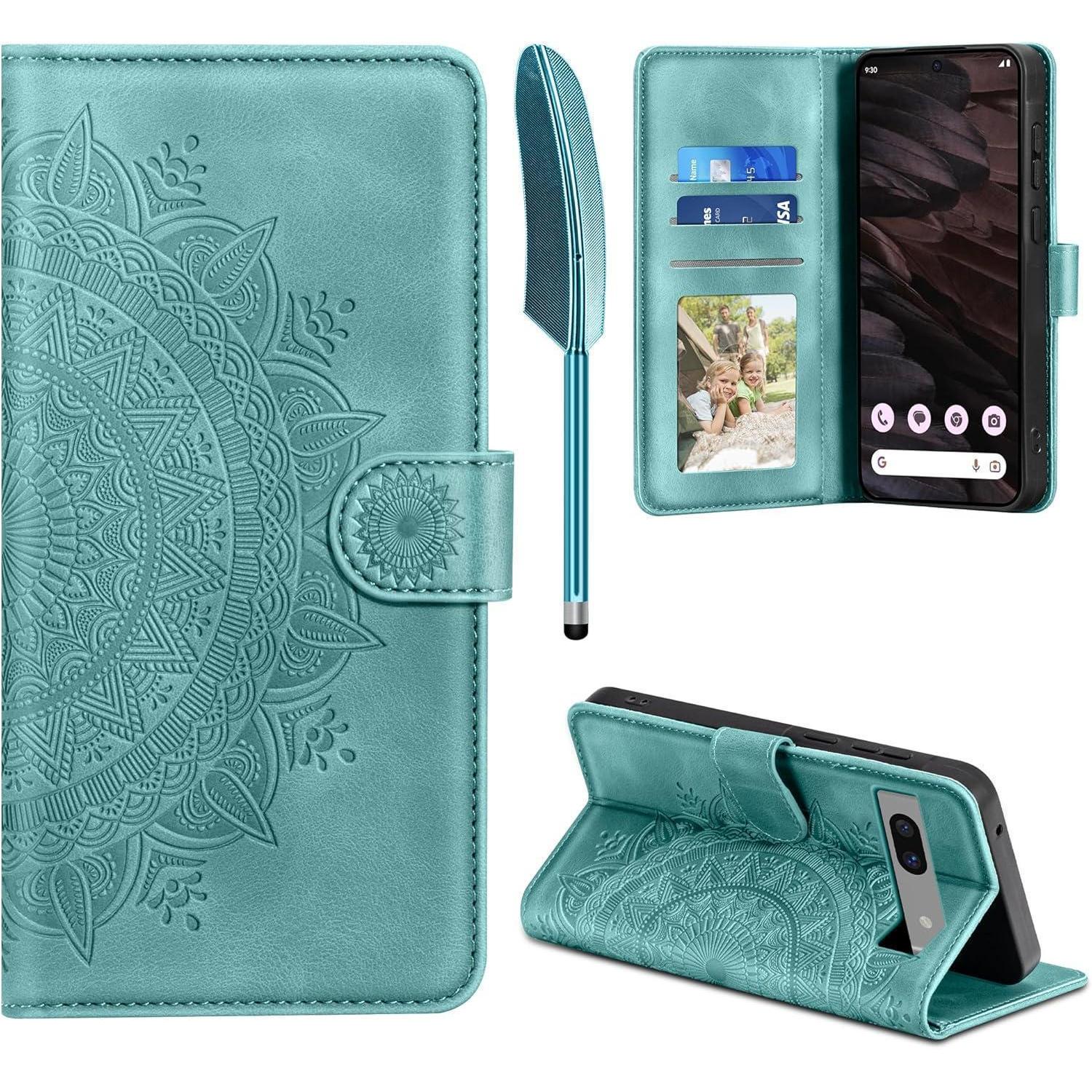 Google Pixel 7a Lederhülle Wallet Flip Stand Schutzhülle Grün