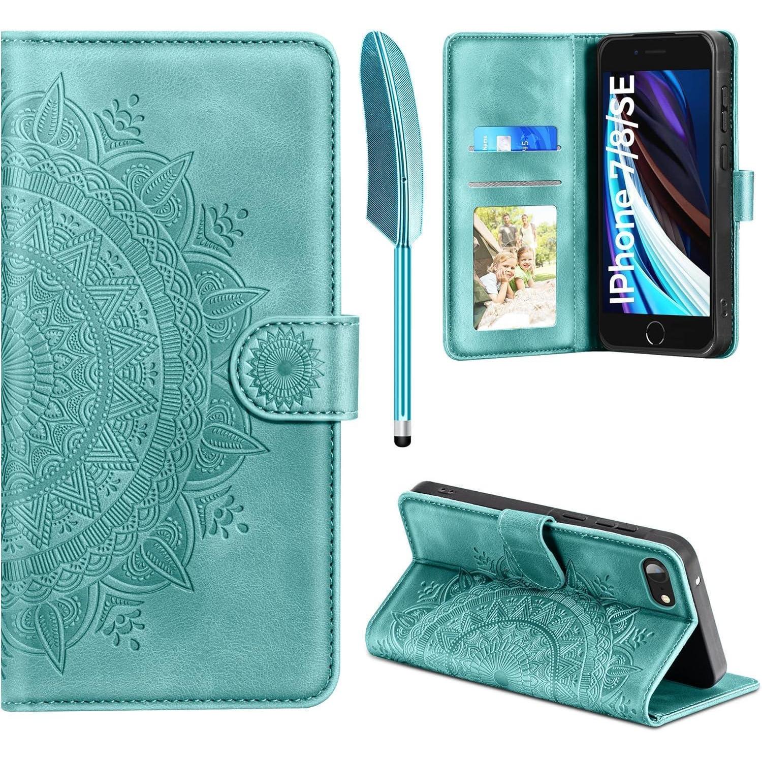 Handyhülle Iphone Se 2022/2020 7/8 Leder Flip Pu Tasche Case Grün