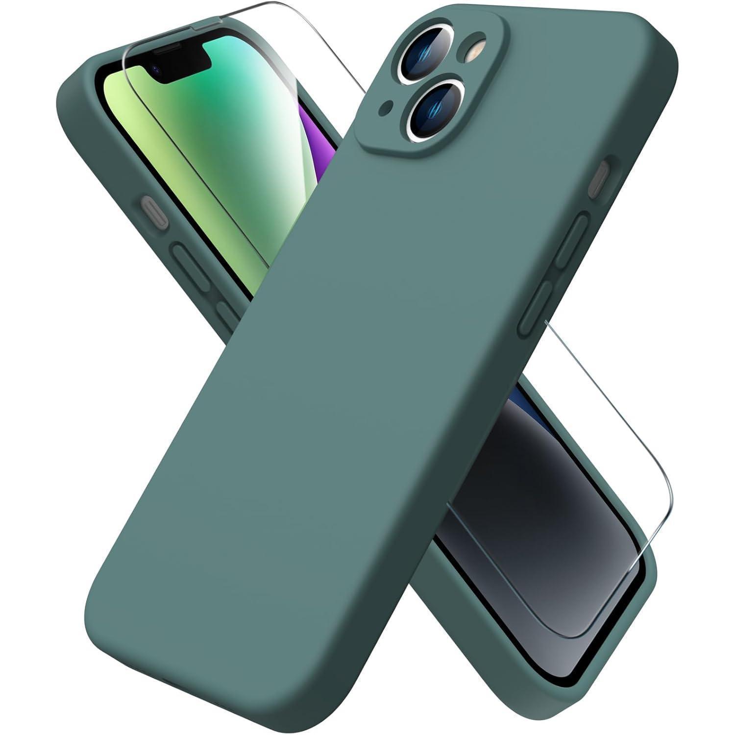 Hülle Iphone14 Liquidsilicone Stoßfest 360grad Microfaser Grün