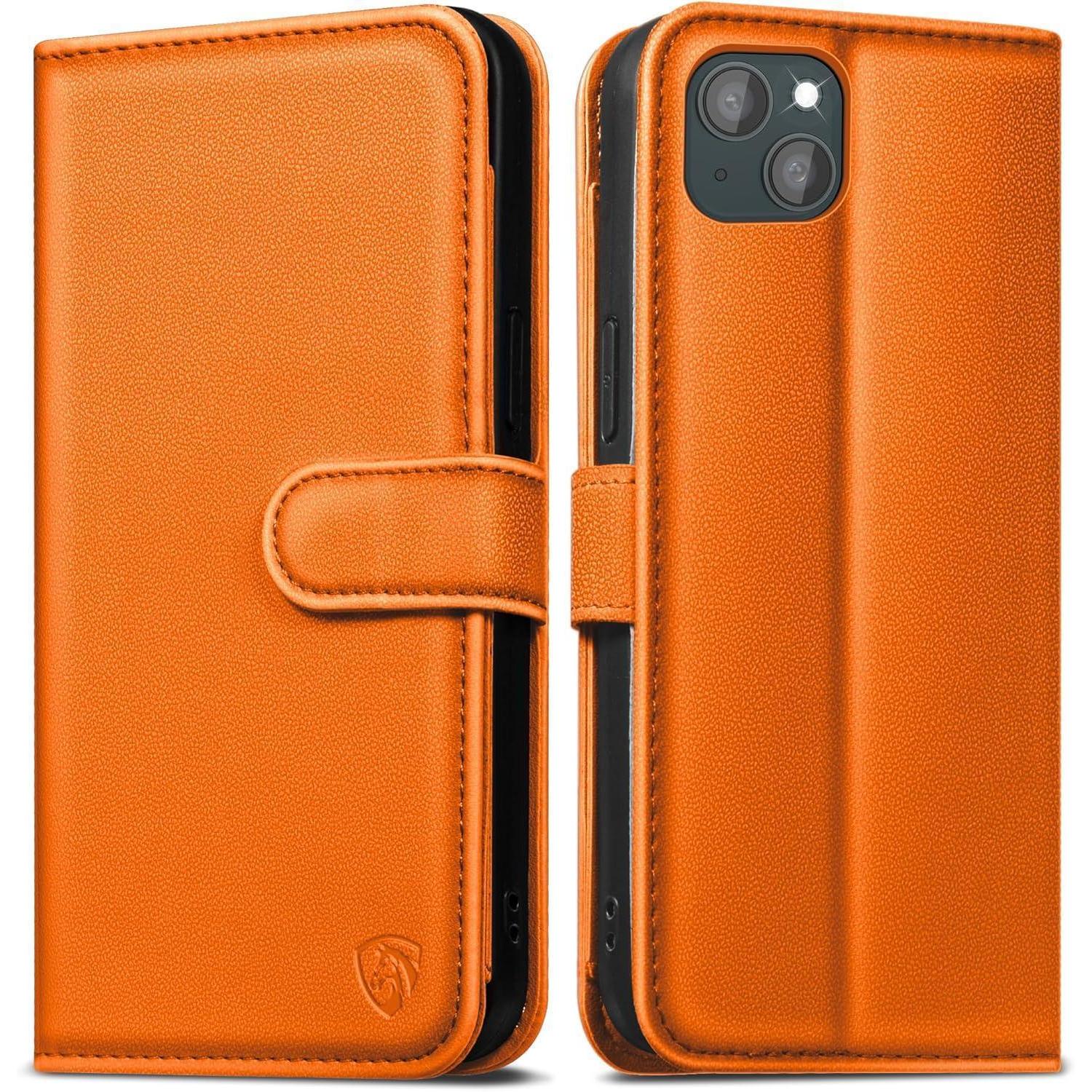 Easdnb Iphone 14 Klapphülle Lederhülle Panzer Schutz Glas Rfid Orange