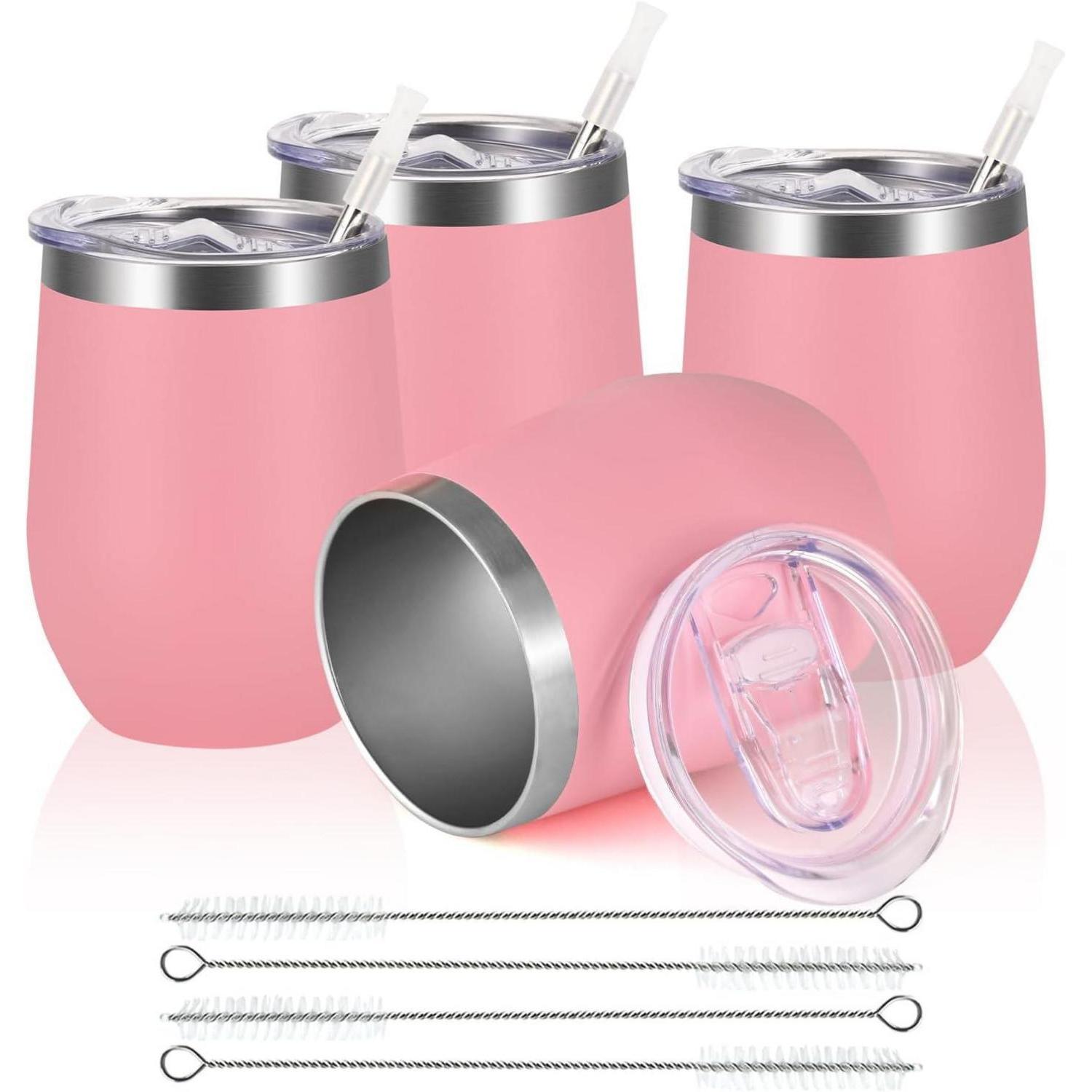 Weinbecher Edelstahl Doppelwandig Deckel Stemless Rosa 4 Stück