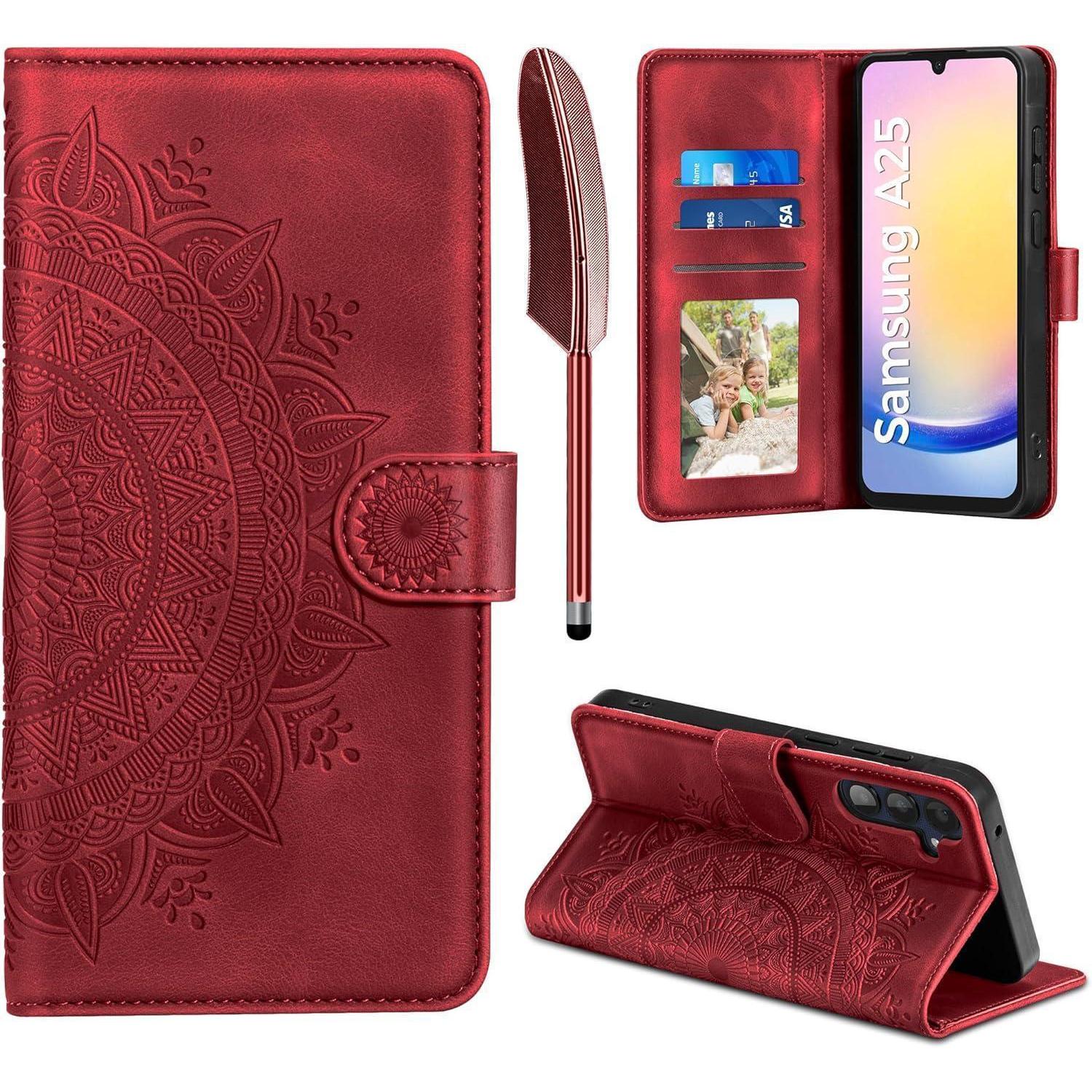 Easdnb Samsung Galaxy A25 Lederhülle Wallet Case Rot - Kartenfach Magnet