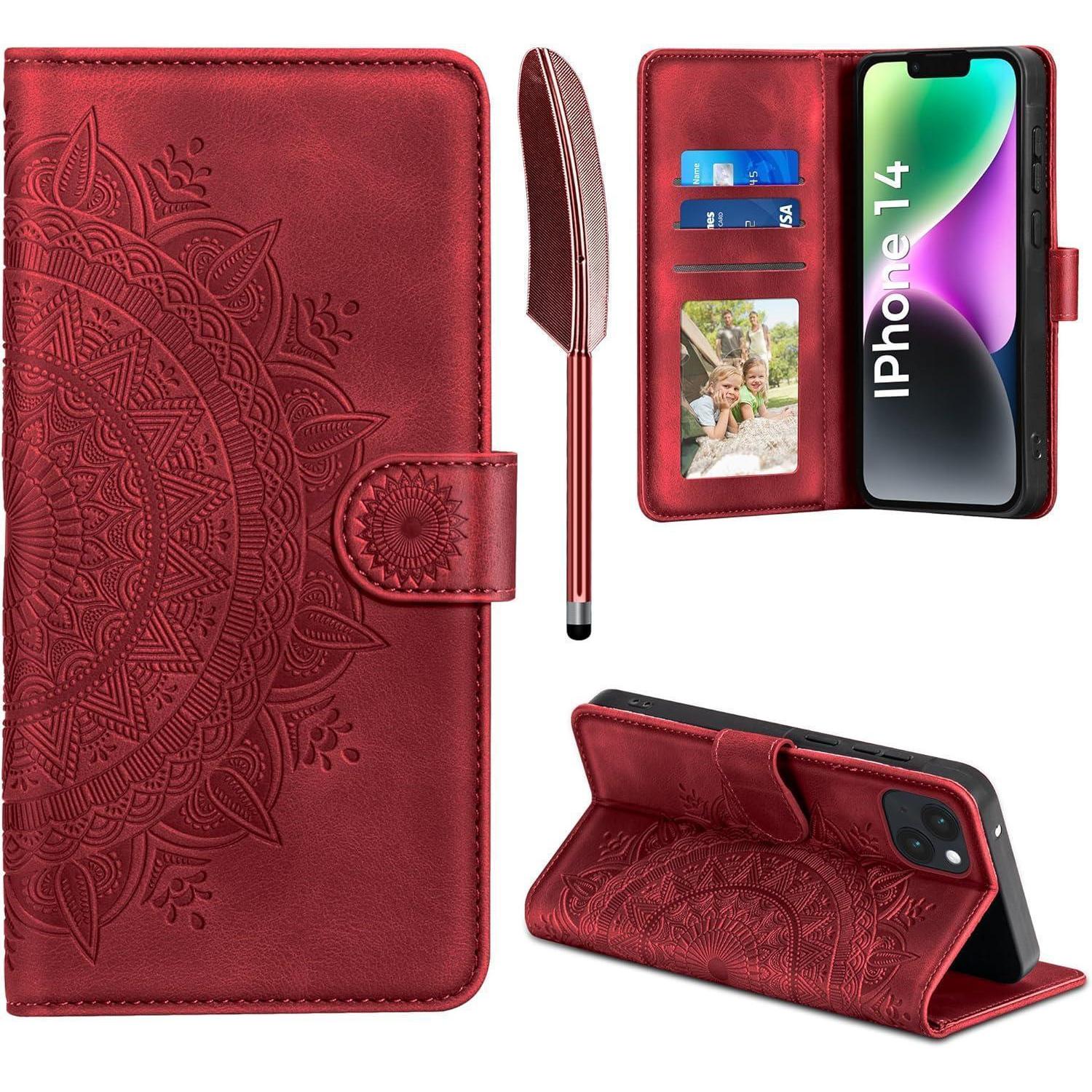 Easdnb Iphone 14 Lederhülle Wallet Case [rot] 6.1 Zoll Flip Prägung