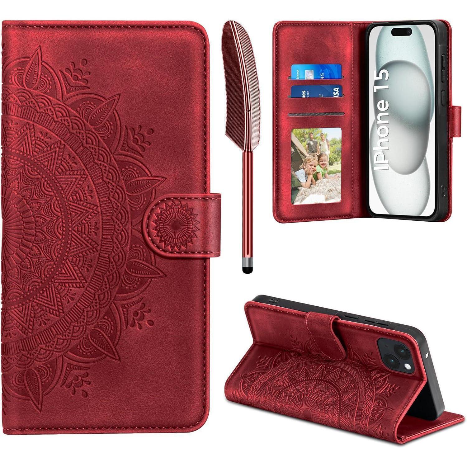 Easdnb Iphone 15 Hülle Flip Wallet Pu Leder Case Rot 6.1 Zoll