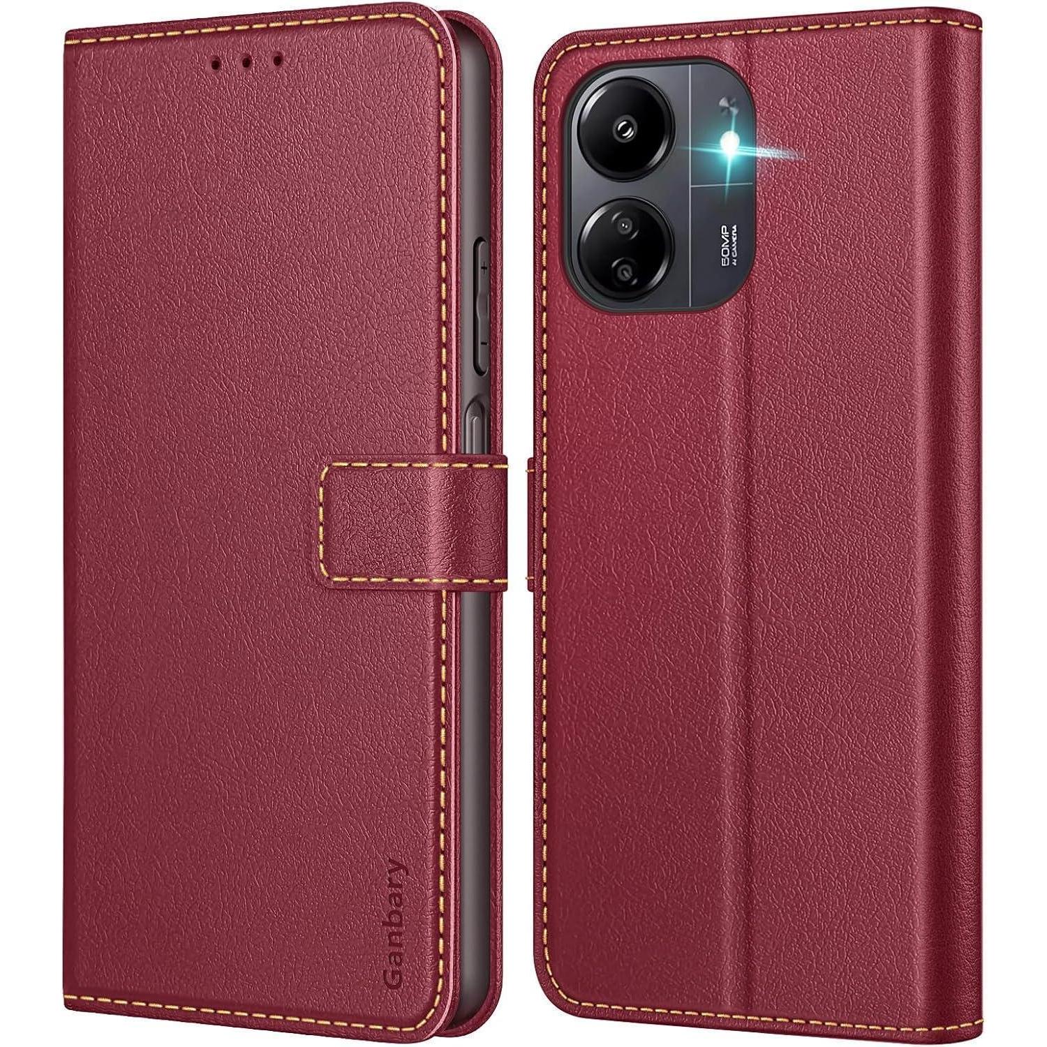 Handyhülle Xiaomi Redmi 13c Poco C65 Leder Hülle Weinrot Magnet Standfunktion