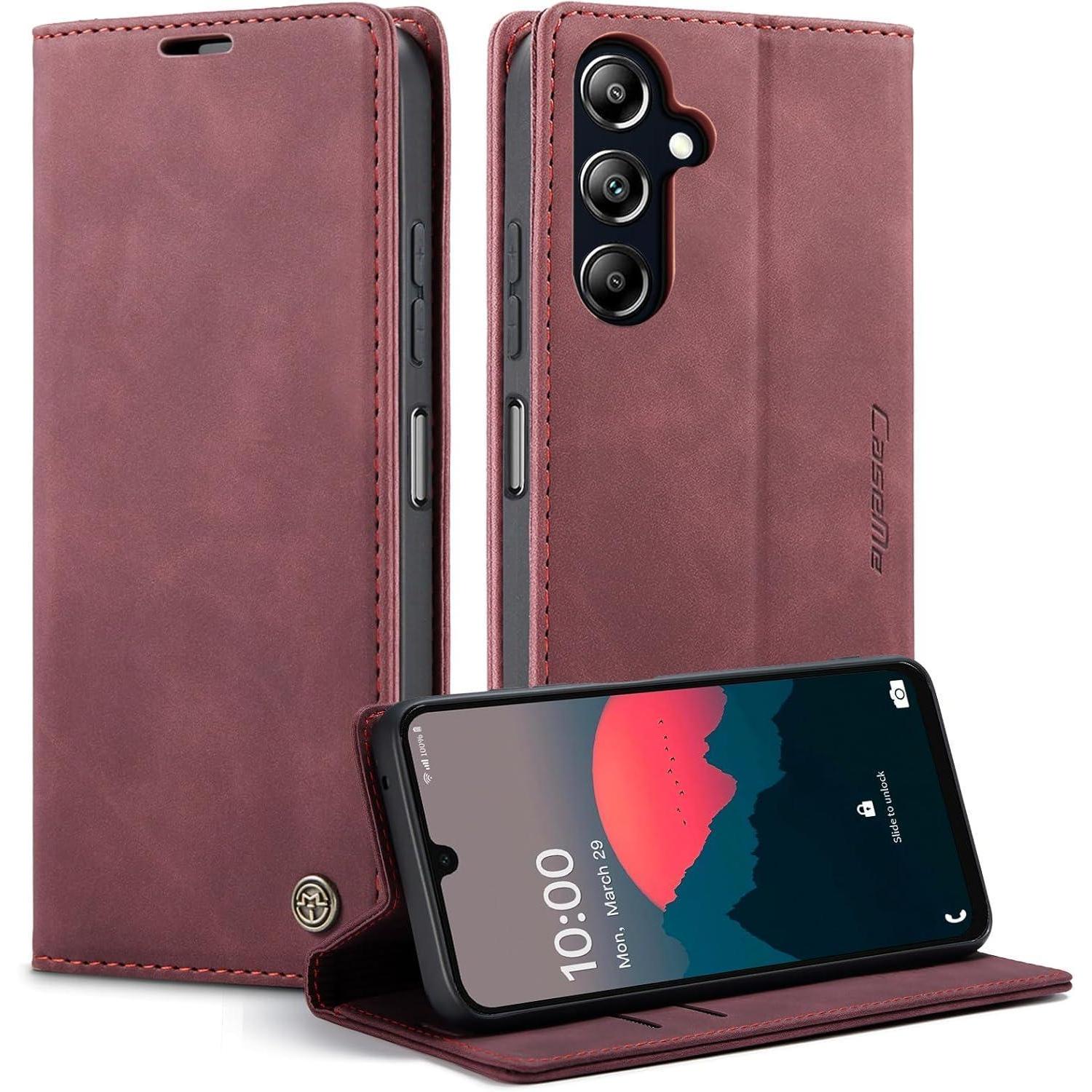 Handyhülle Leder Klapphülle Kartenfach Für Galaxy A16 Weinrot