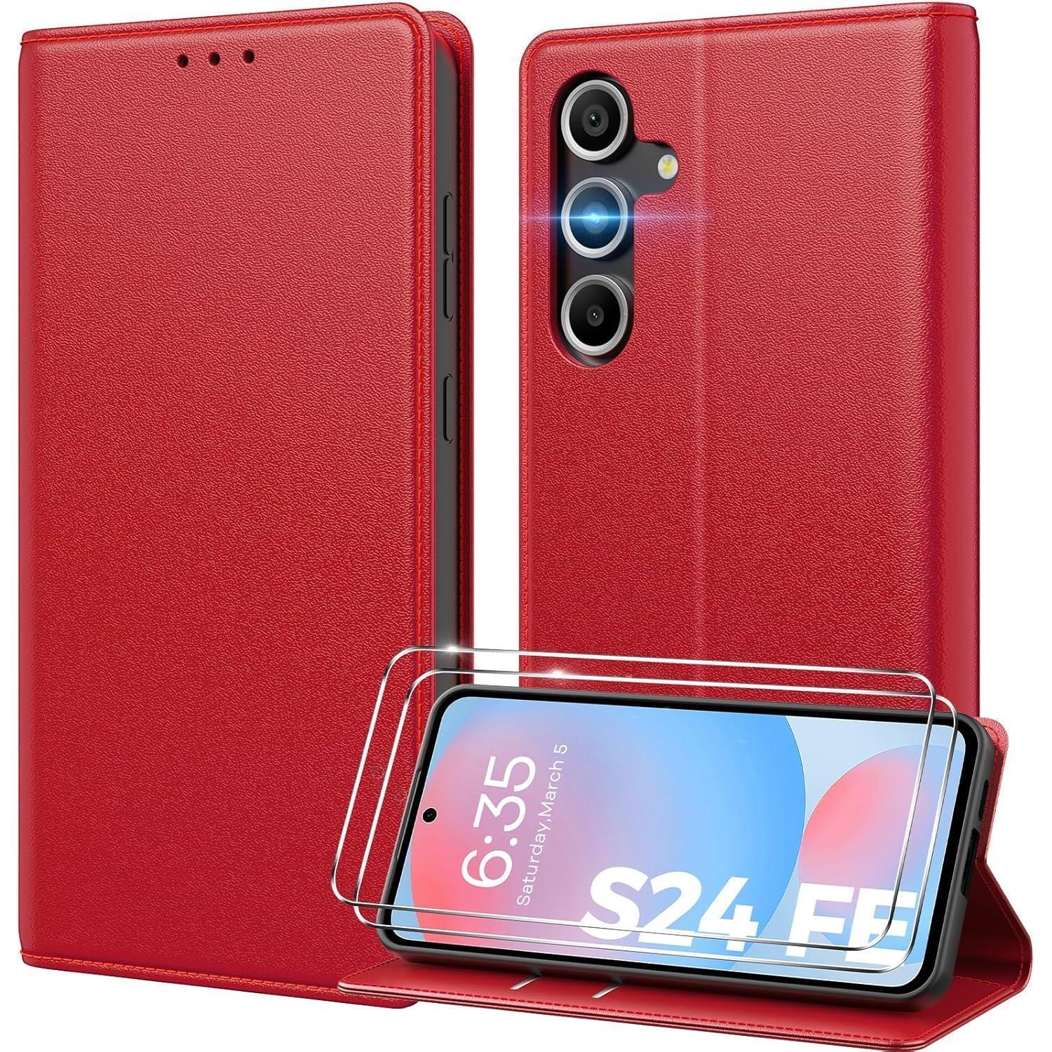 Peakally Samsung Galaxy S24 Fe 5g Handyhülle - Rot Pu Leder Magnet Schutz Glas