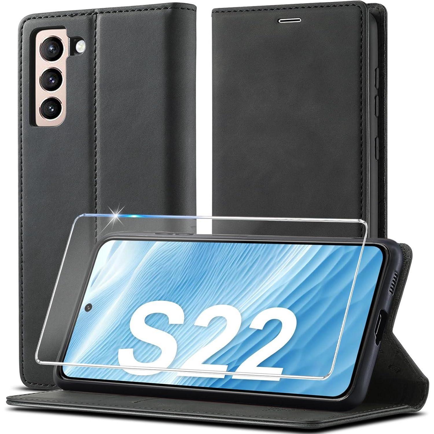 2024 Upgraded Handyhülle Samsung Galaxy S22 Leder Wallet Case Schwarz