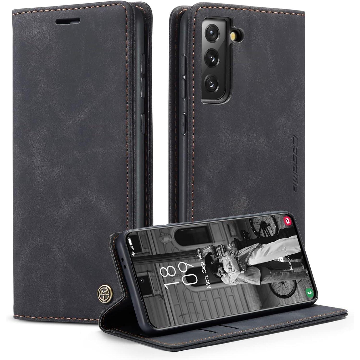 Caseme Samsung Galaxy S21 Hülle 6.2 Zoll Leder Flip Case Schwarz
