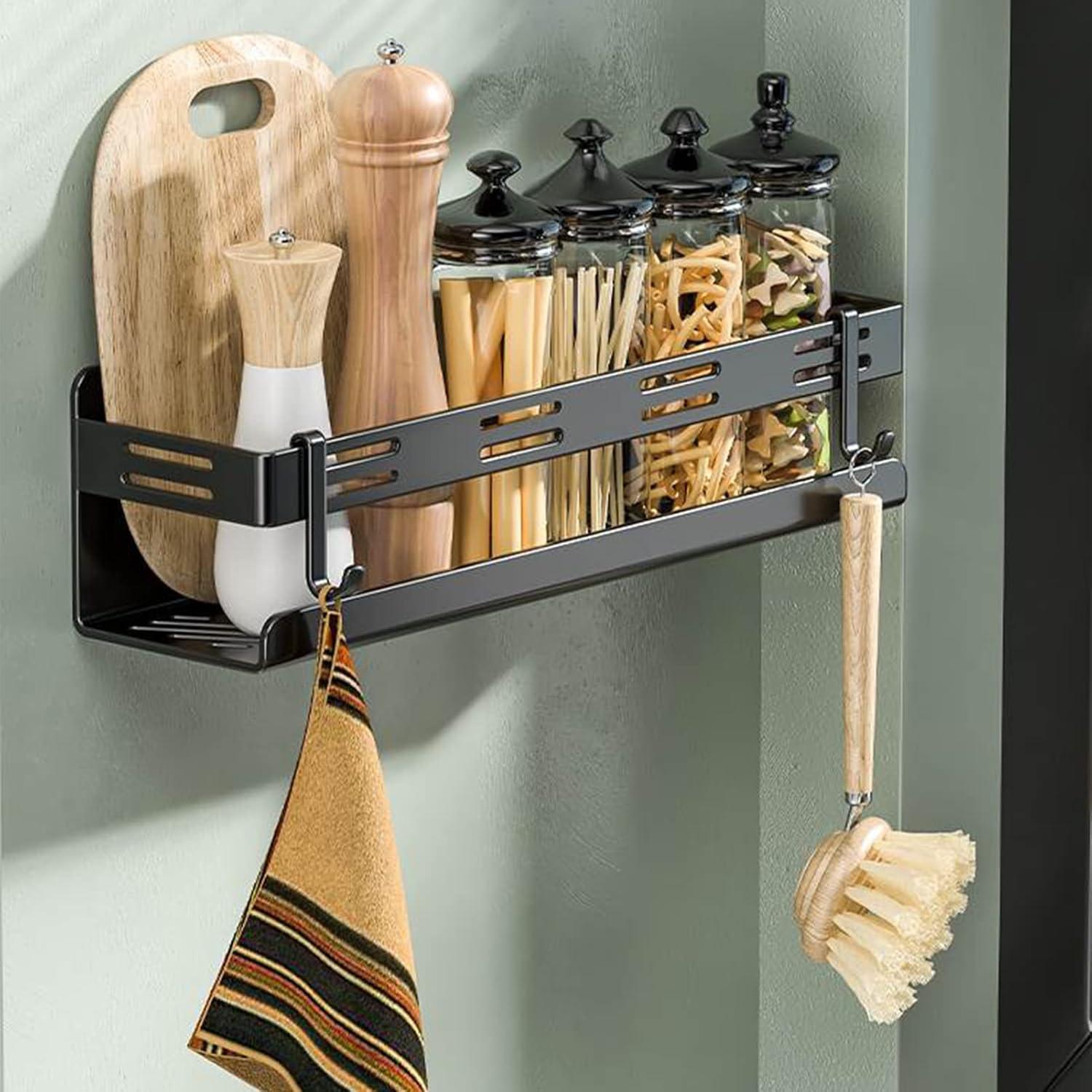 Gewürzregal Selbstklebend Küchenregal Wand 4 Haken 40cm Schwarz