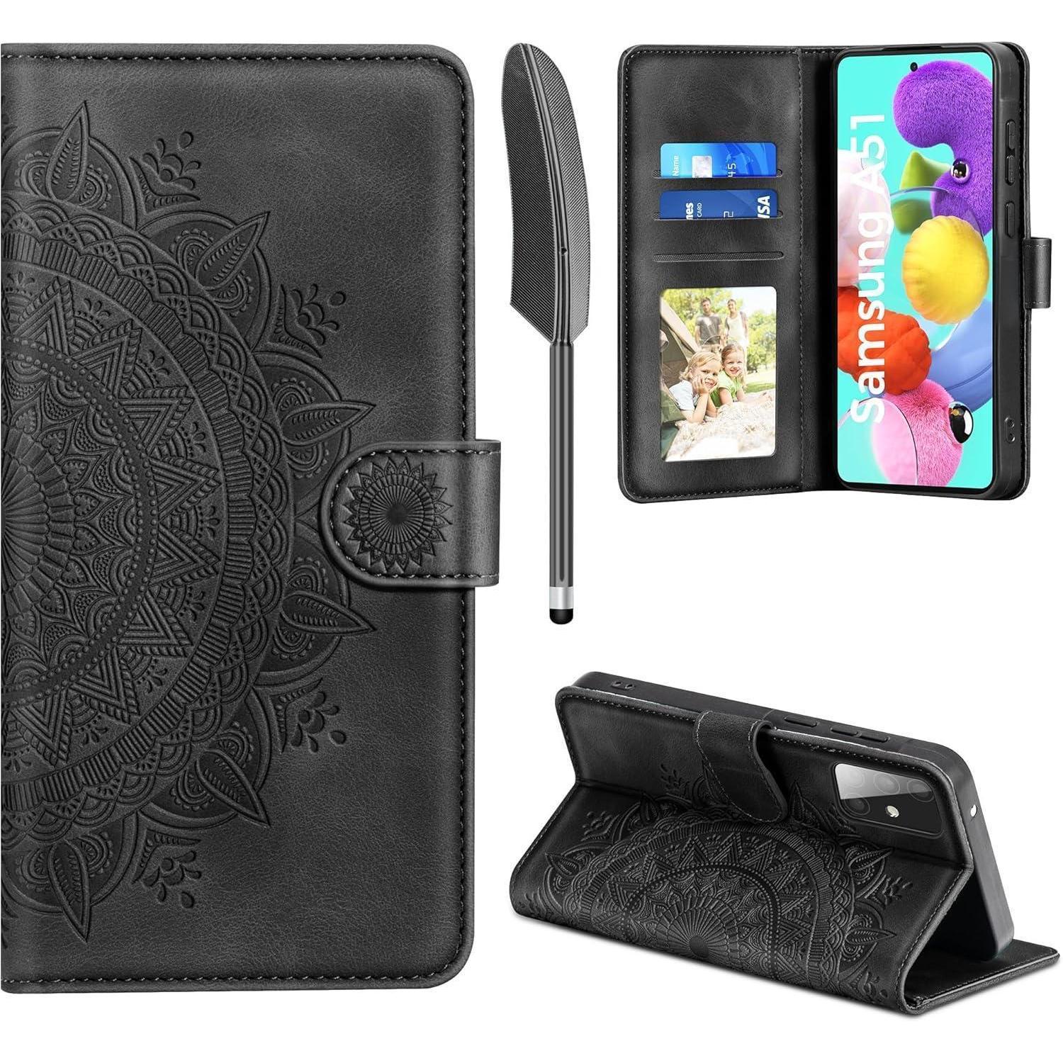 Schwarze Lederhülle Samsung Galaxy A51 Wallet Case Standfunktion