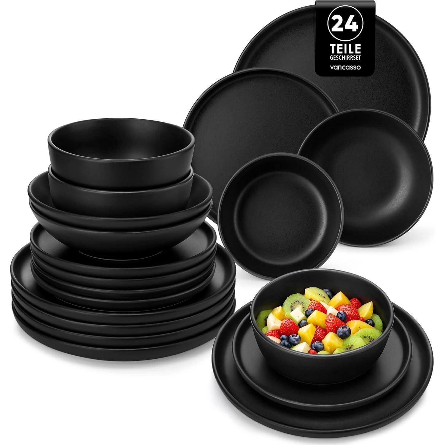 Geschirrset 6 Personen Steingut Teller Schalen 24 Teile Set Schwarz