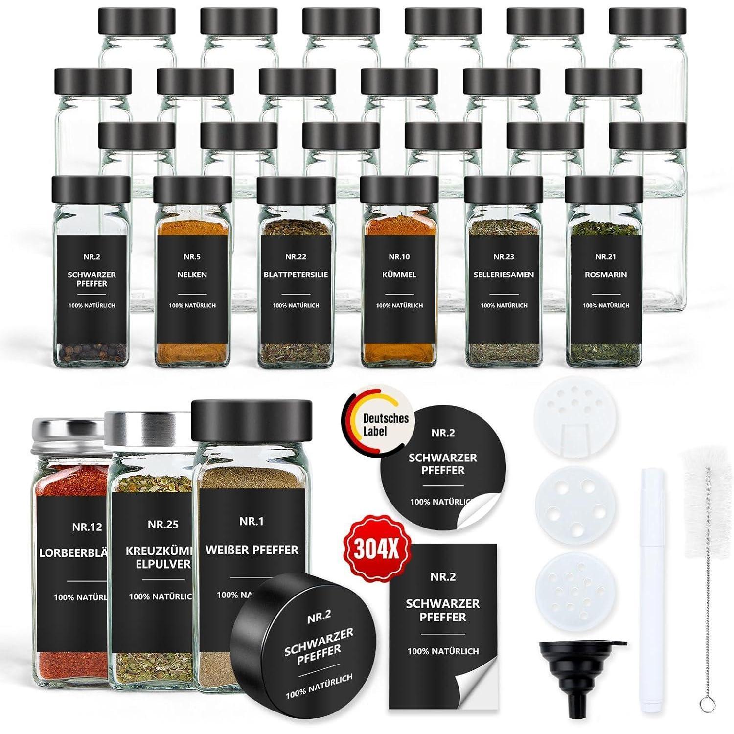 24er Gewürzgläser Set 120ml Mit Etiketten Und Streueinsatz Schwarz