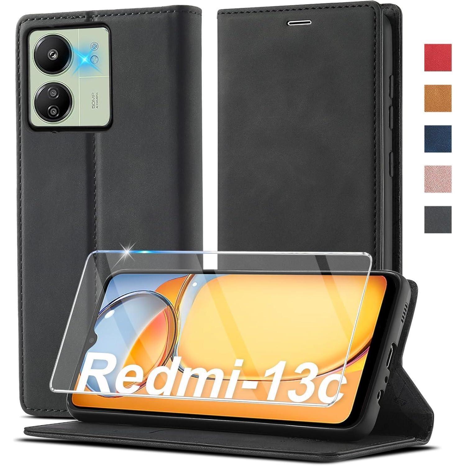 Handyhülle Für Xiaomi Redmi 13c Poco C65 Leder Wallet Schutzhülle Schwarz