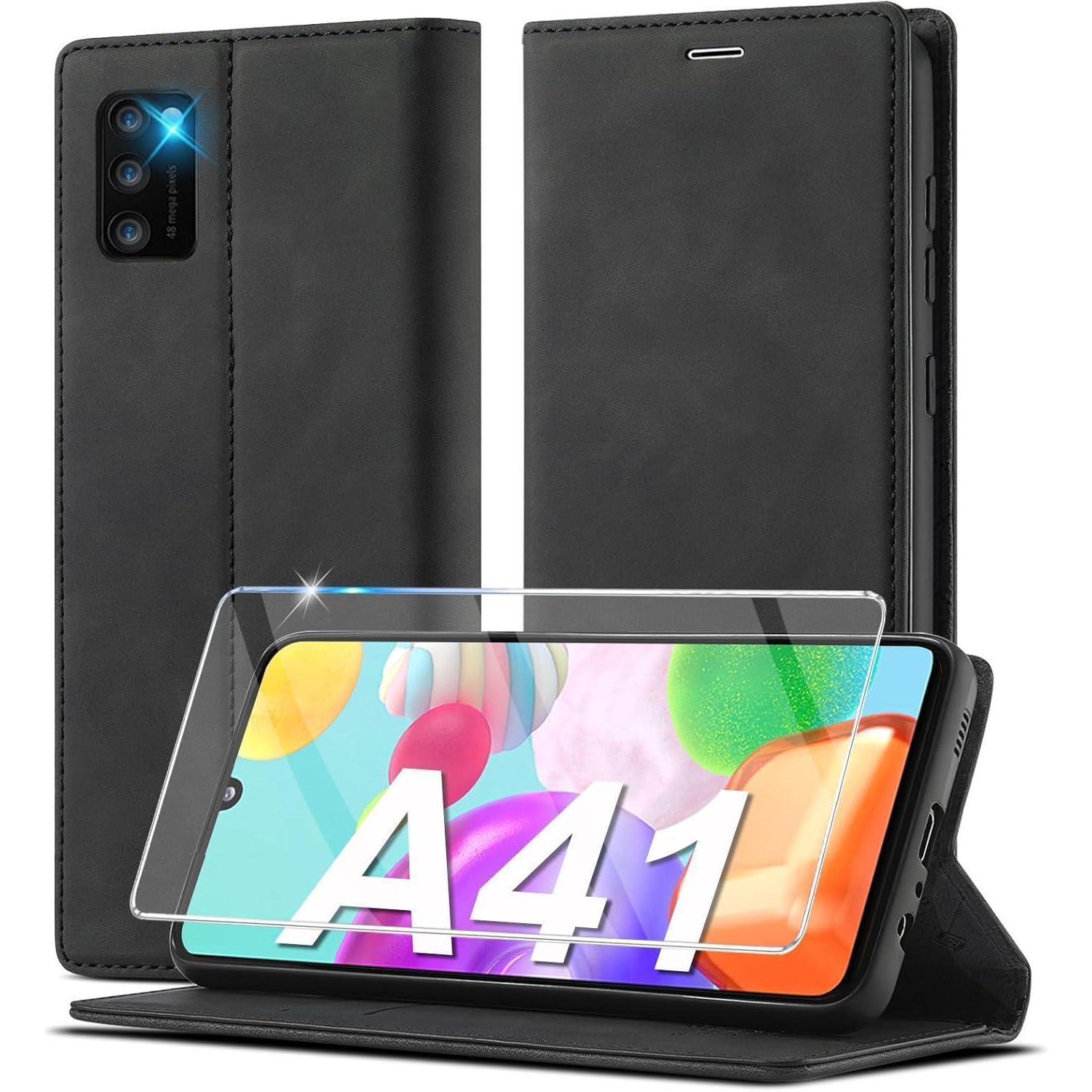 Samsung Galaxy A41 Hülle Leder Klappbar Flip Wallet Case Schwarz