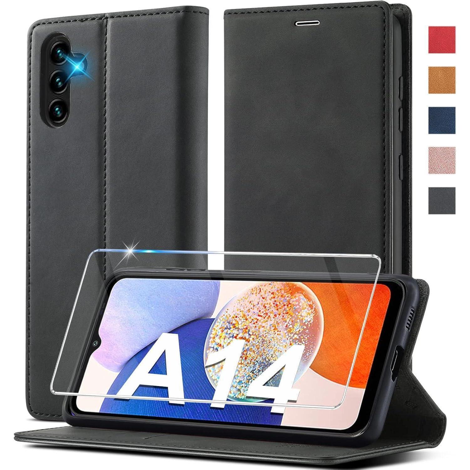 Handyhülle Für Samsung Galaxy A14 Leder Stoßfest Wallet Holster Schwarz