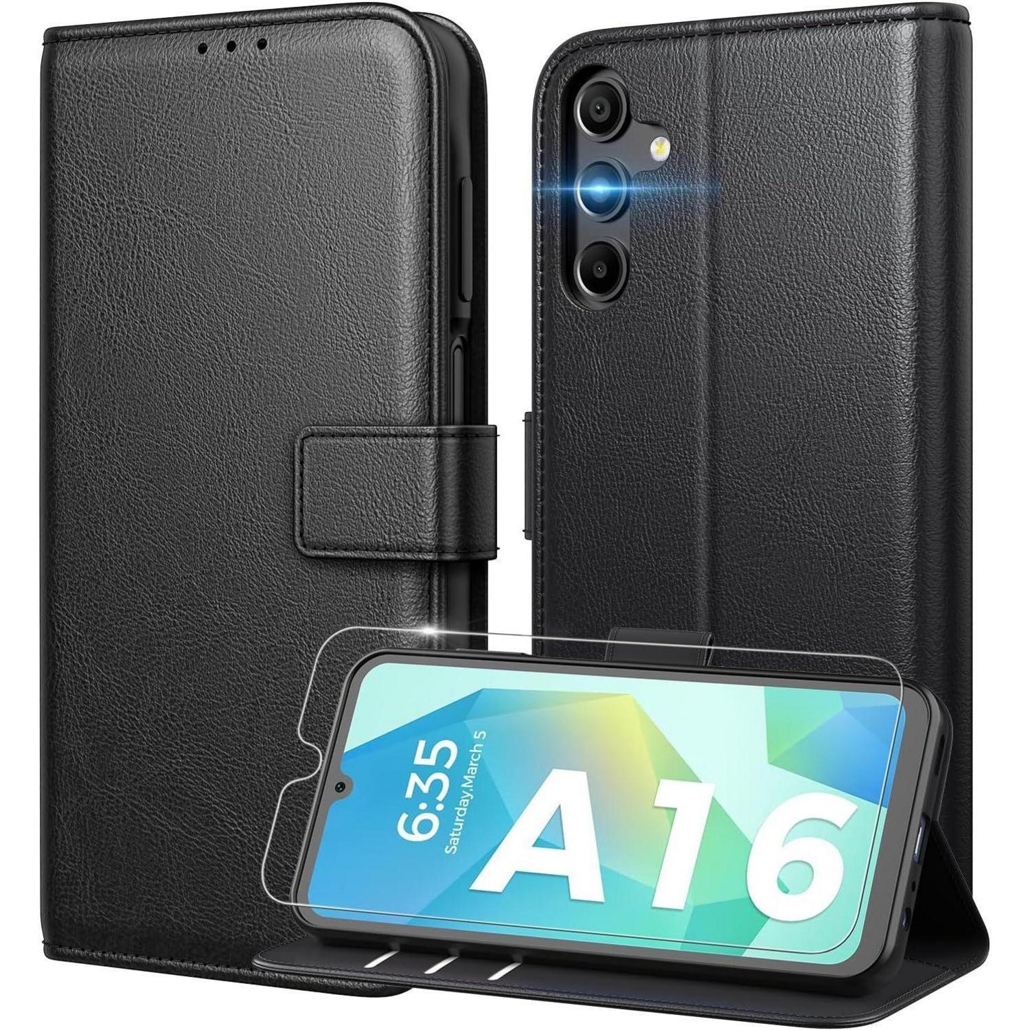 Handyhülle Klapphülle Samsung Galaxy A16 Schwarz Mit Gehärtetem Glas