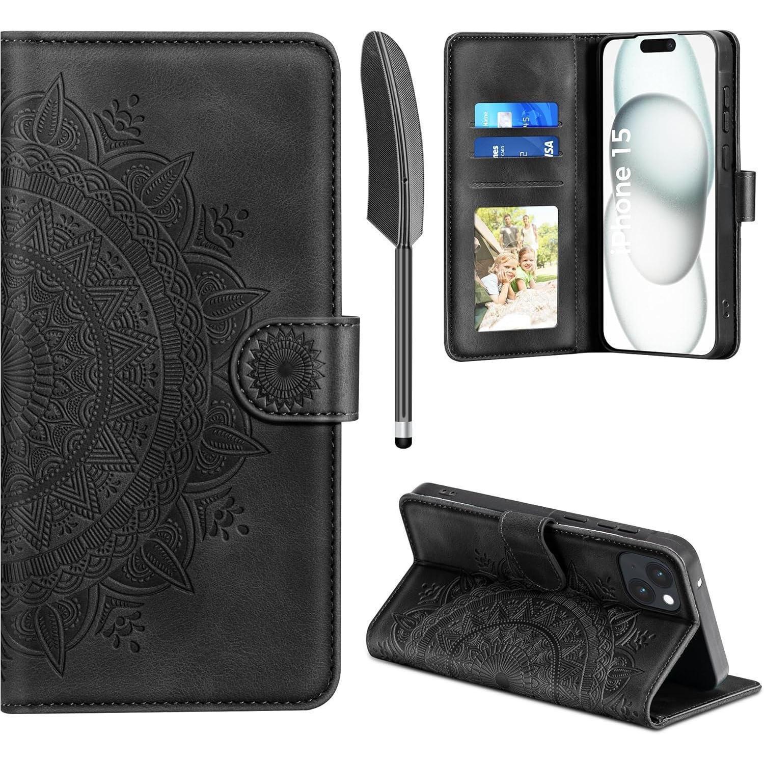 Handyhülle Iphone15 Pu Leder Klapphülle Kartenfach Iphone 15 Schwarz
