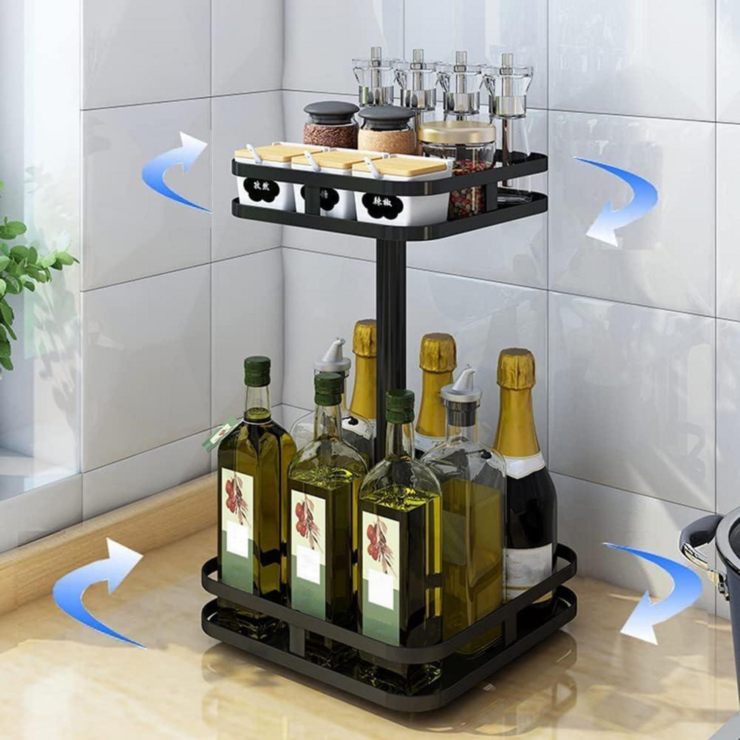 Drehbares Gewürzregal Schwarz 2 Etagen Quadratisch Lazy Susan