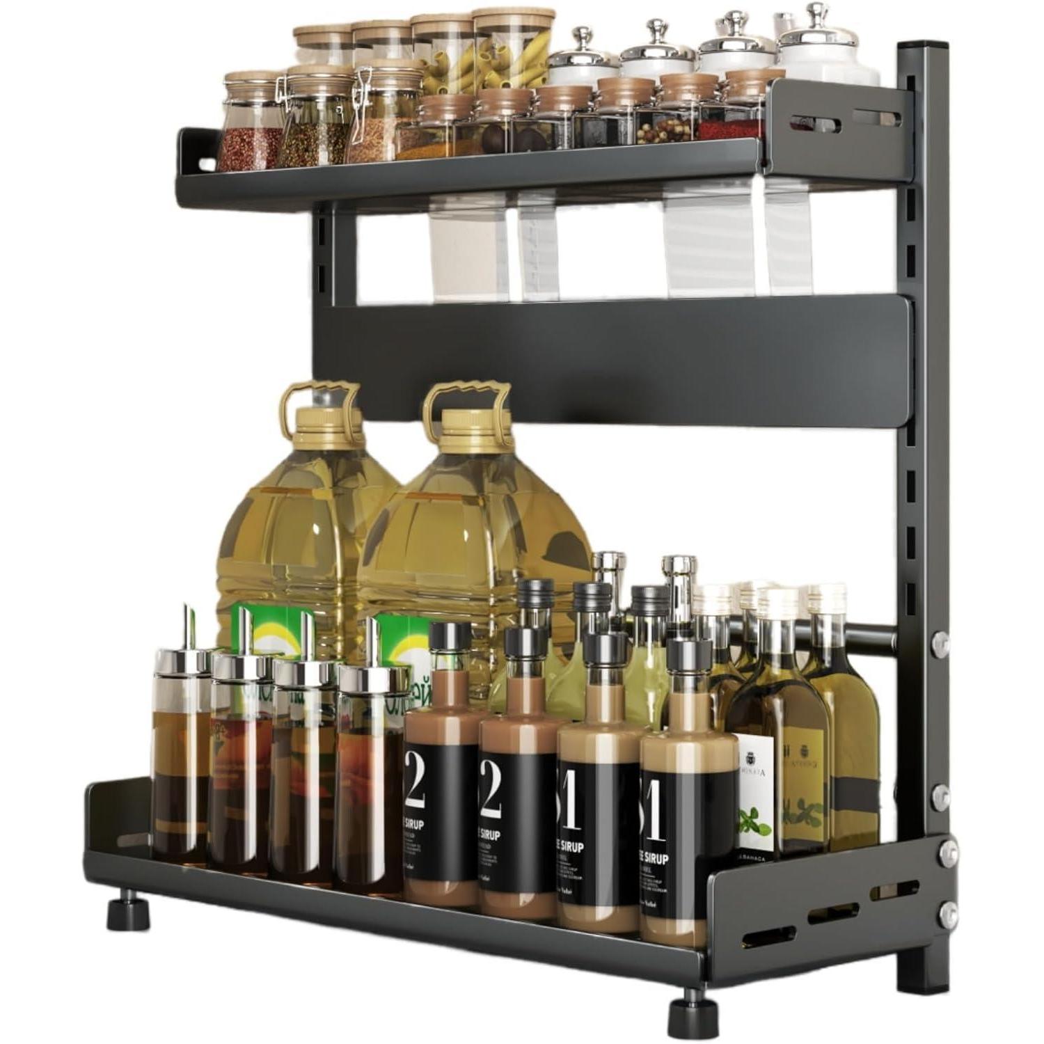 Trayindaly 2 Ebenen Gewürzregal Schwarz Metall Organizer Höhenverstellbar