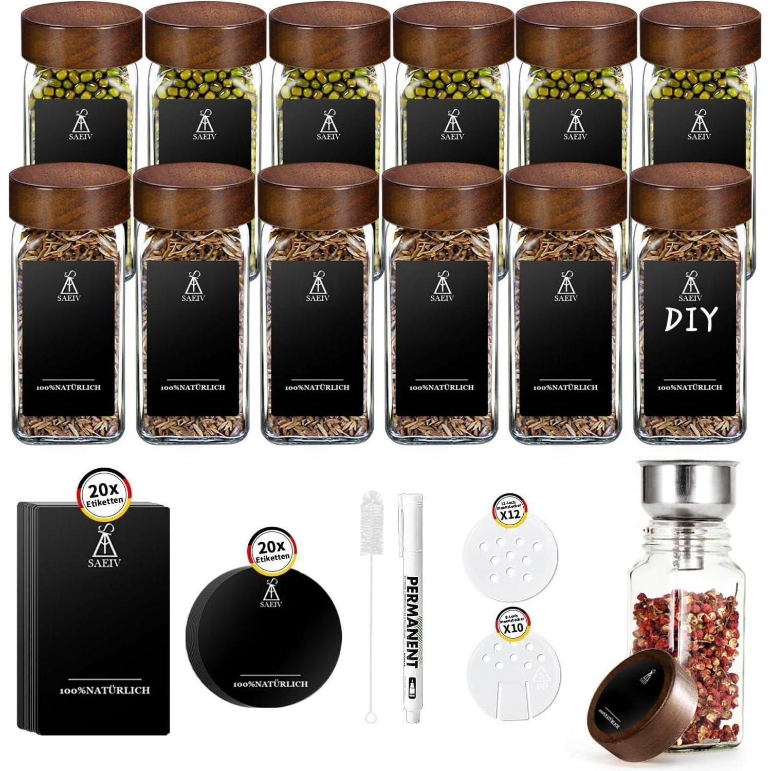 Saeiv Akazien-holz Gewürzregal 24 Fächer 120ml Gläser Organizer 180 Etiketten