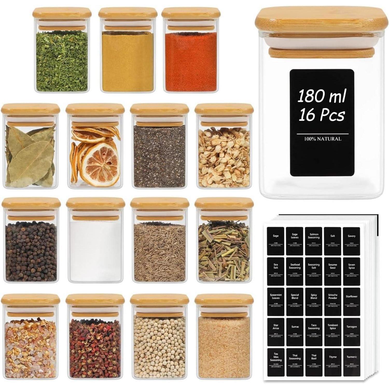 16er Set Gewürzgläser Glas Bambusdeckel 170ml + 275 Etiketten