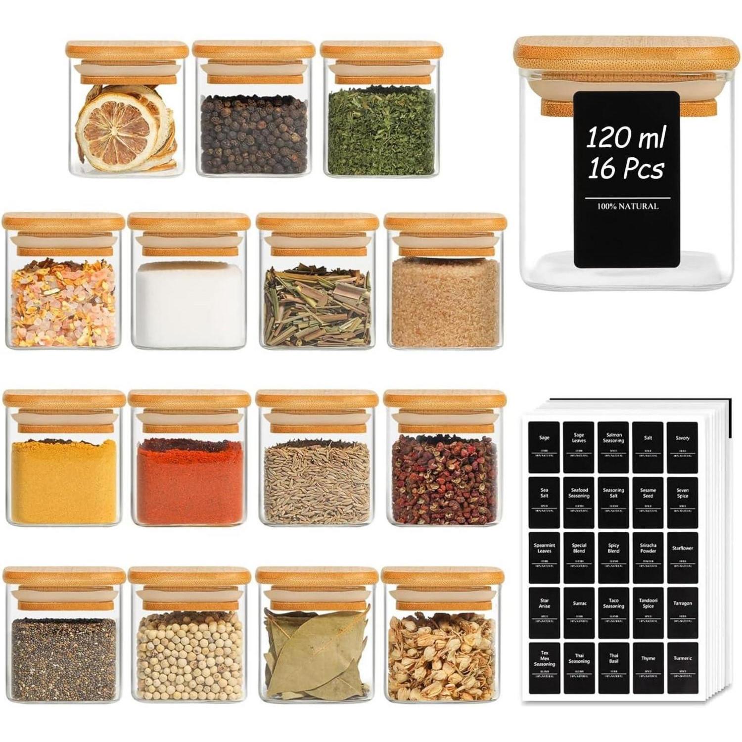 16 Glasgewürzdosen M.bambusdeckel 113ml+275 Etiketten