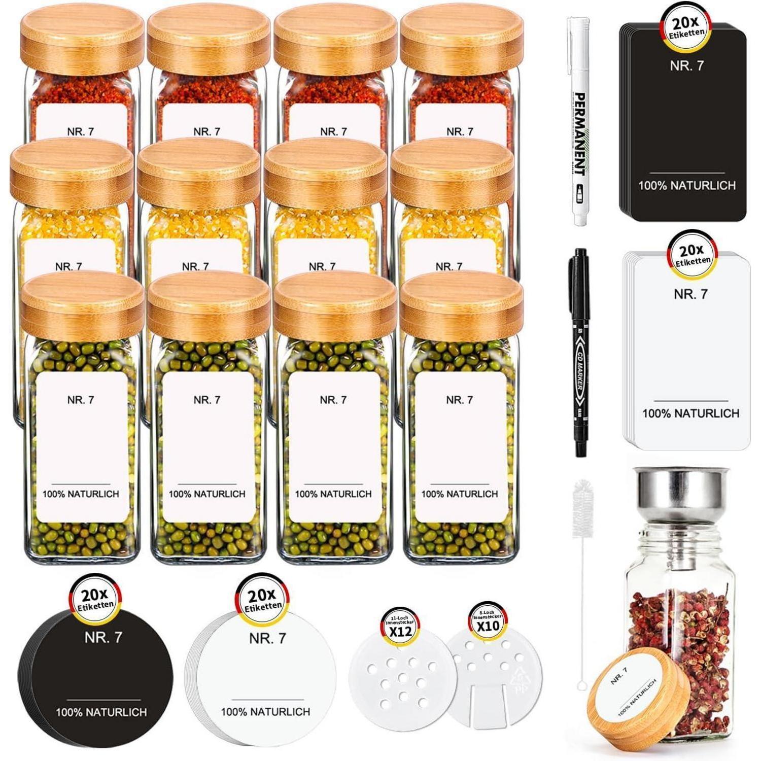 Saeiv Gewürzgläser Set 12 Gewürzdosen 80 Etiketten Küche Organizer