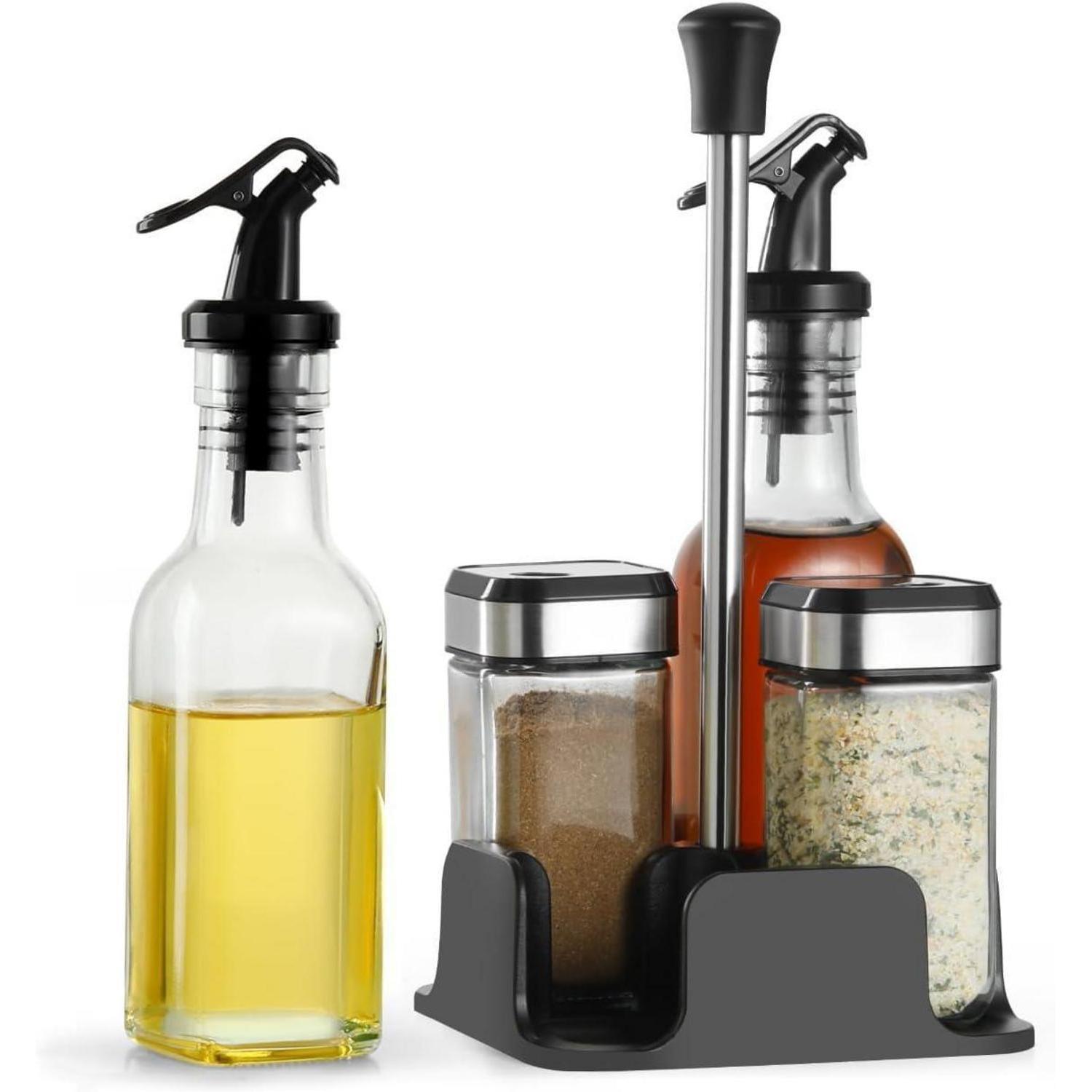 Drehbare Gewürzgläser Set 120ml X2 Eckig + Gewürzregal + Essig-öl-flaschen 200ml