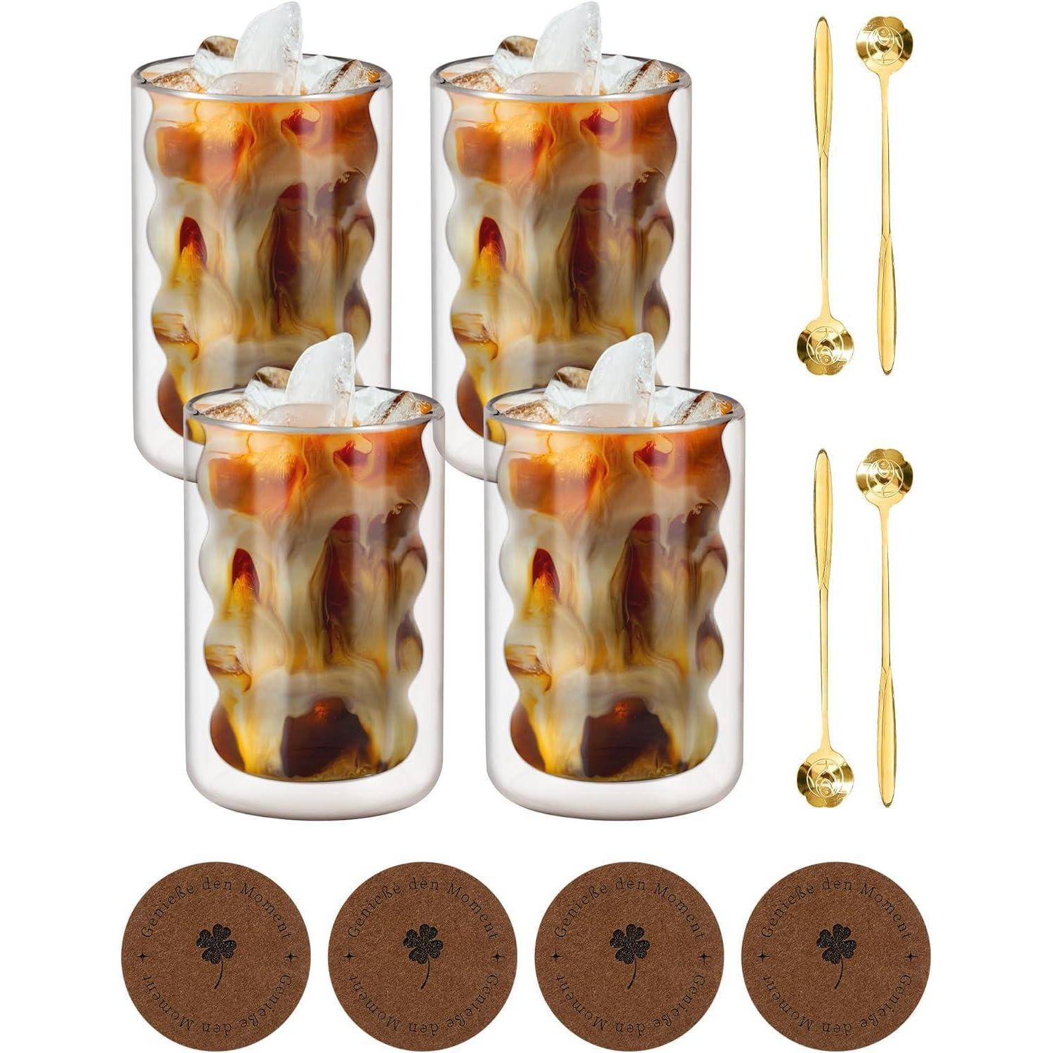 Latte Macchiato Gläser Set 350ml 4 Löffel 4 Untersetzer Borosilikatglas
