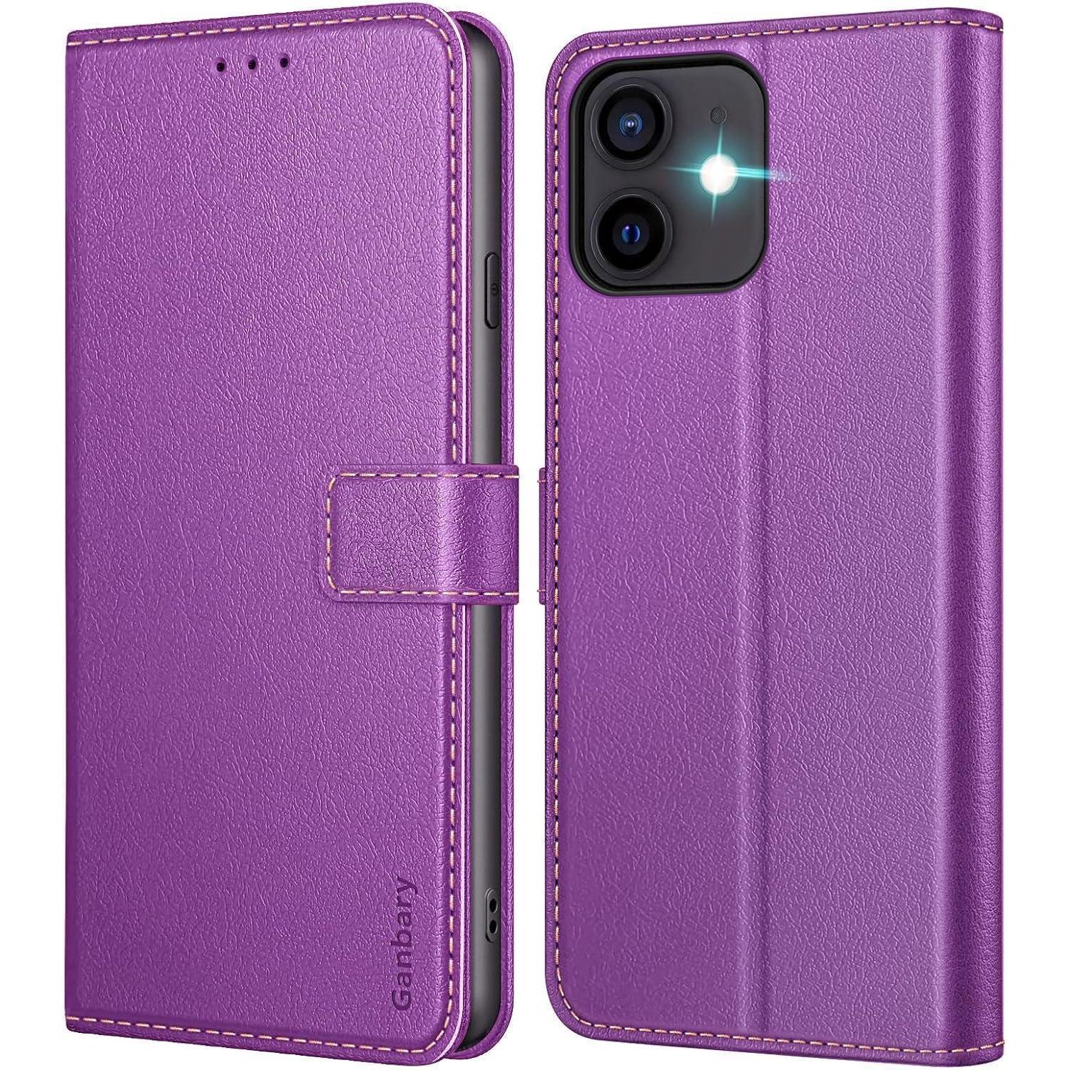 Ganbary Iphone 12/12 Pro Hülle Violett Leder Klapphülle Magnet Standfunktion