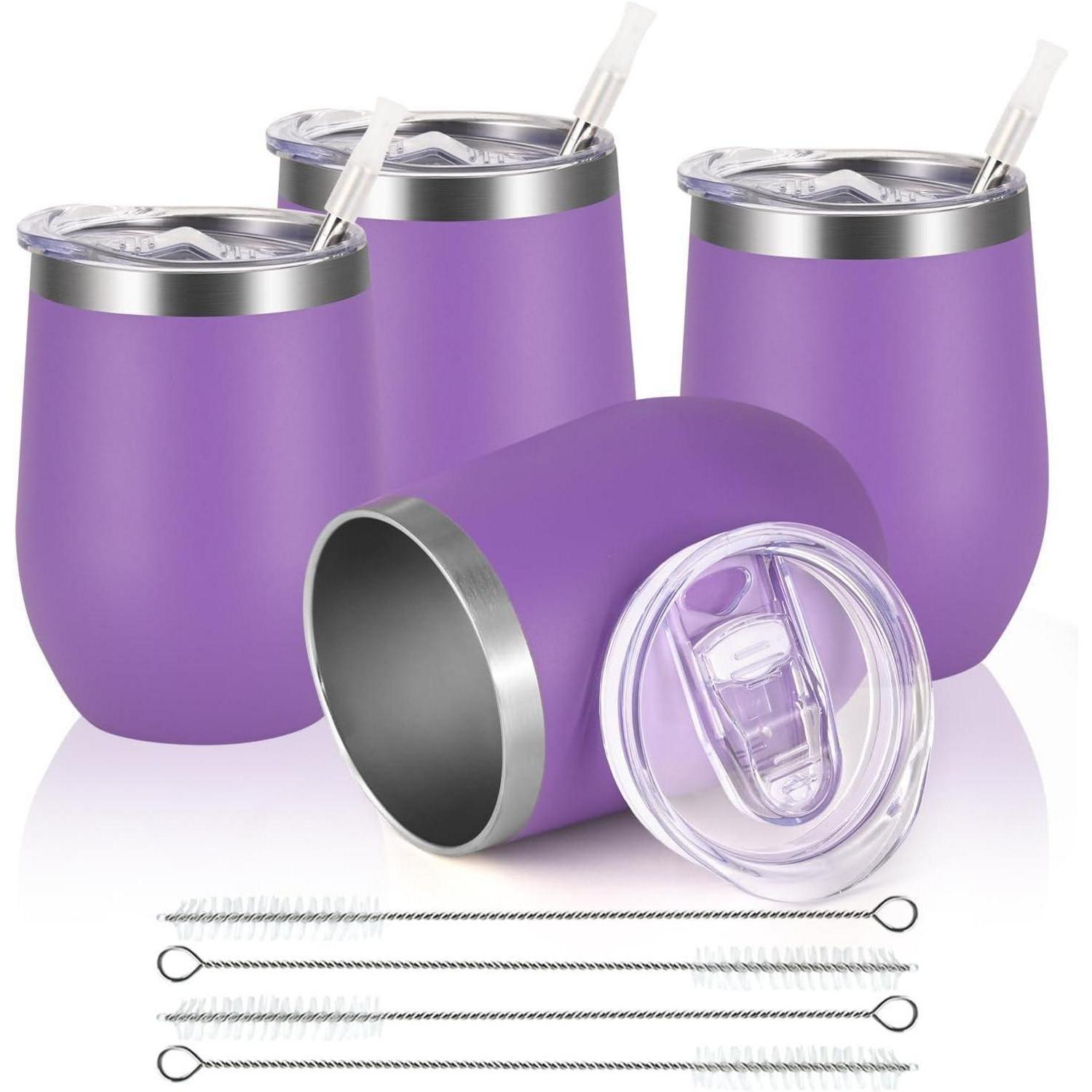 Weinbecher Edelstahl Doppelwandig Stemless Deckel Violett 4 Stück