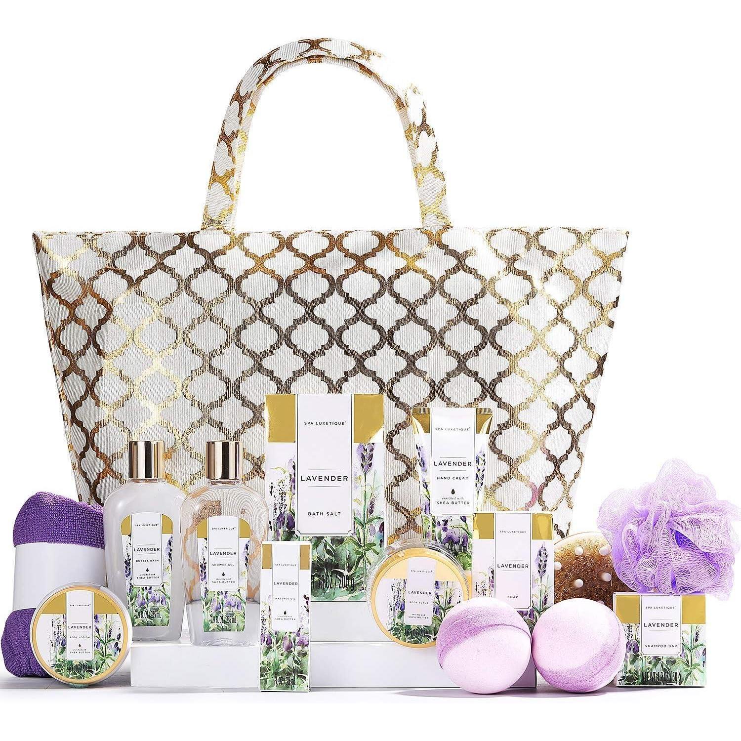 Badegeschenkset Frauen 15tlg Duschgel Badebomben Handtasche Lavendel
