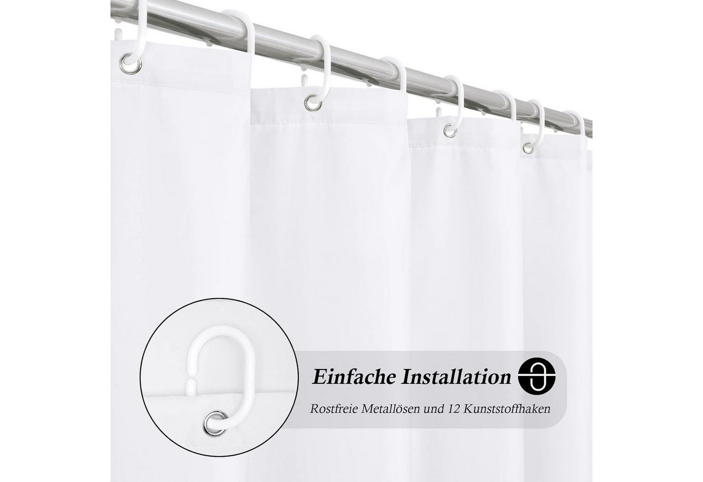 Duschvorhang 180x230 Weiß Wasserdicht Anti Schimmel Textil Stoff 12 Ringe Bild 2